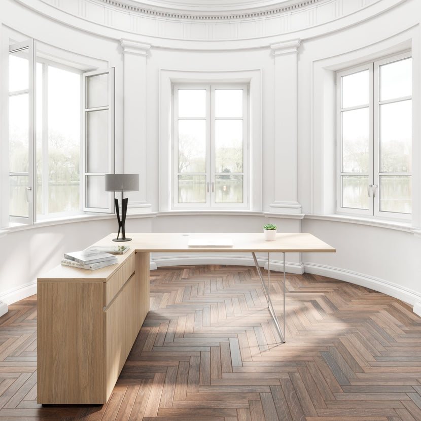 AIR desk | 1600 - 2000 mm, electrified, integrated sideboard, amber oak