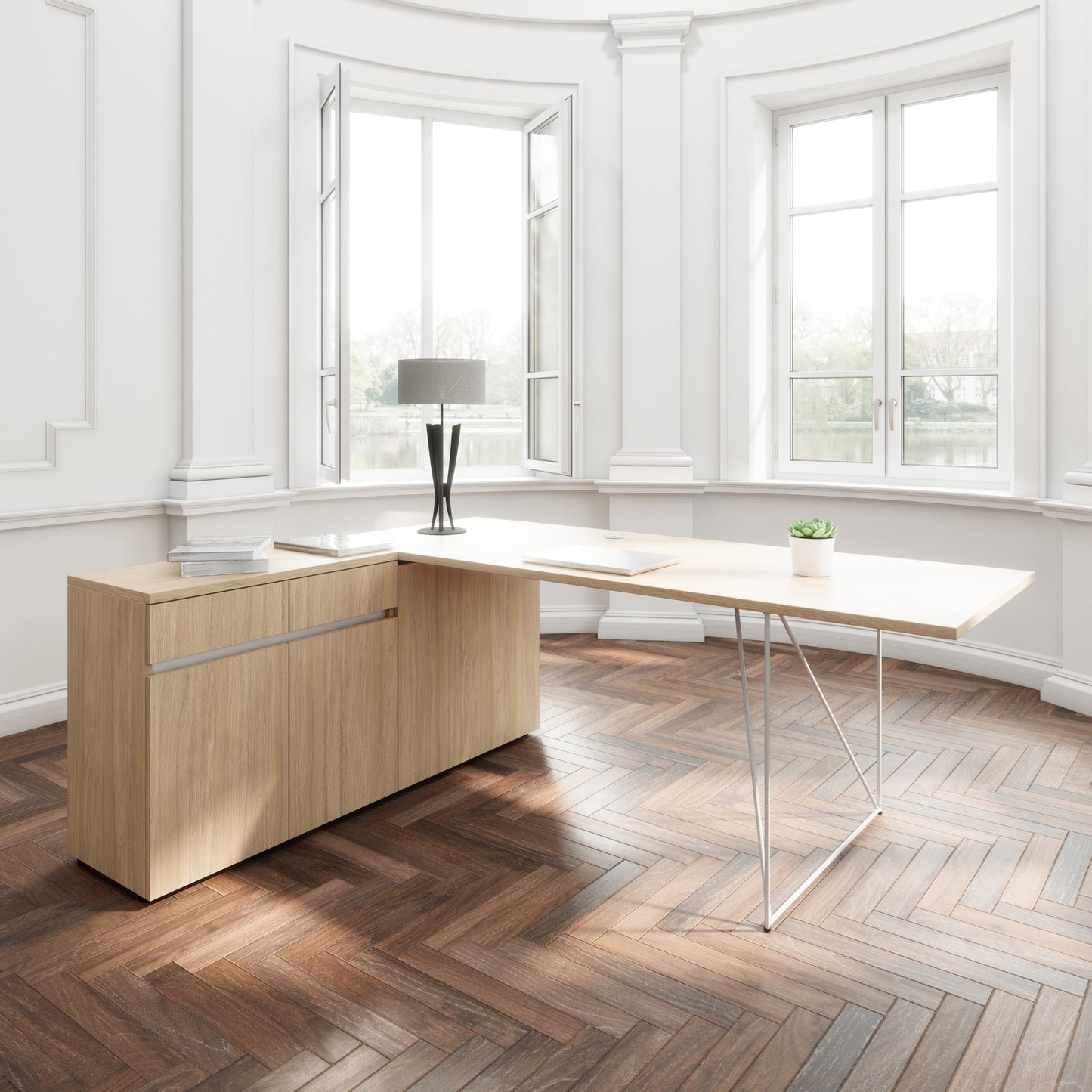AIR desk | 1600 - 2000 mm, electrified, integrated sideboard, amber oak
