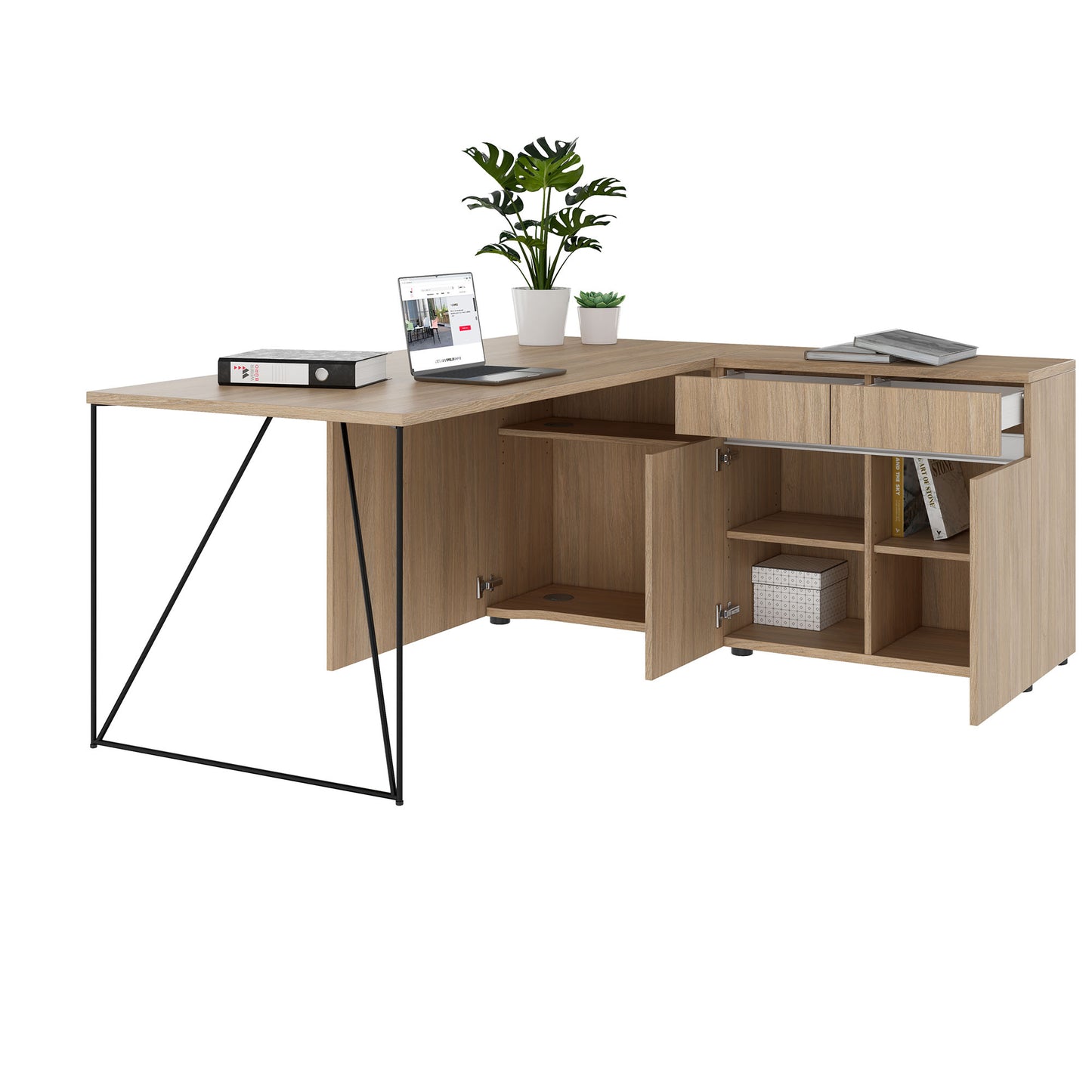 AIR desk | 1600 - 2000 mm, electrified, integrated sideboard, amber oak