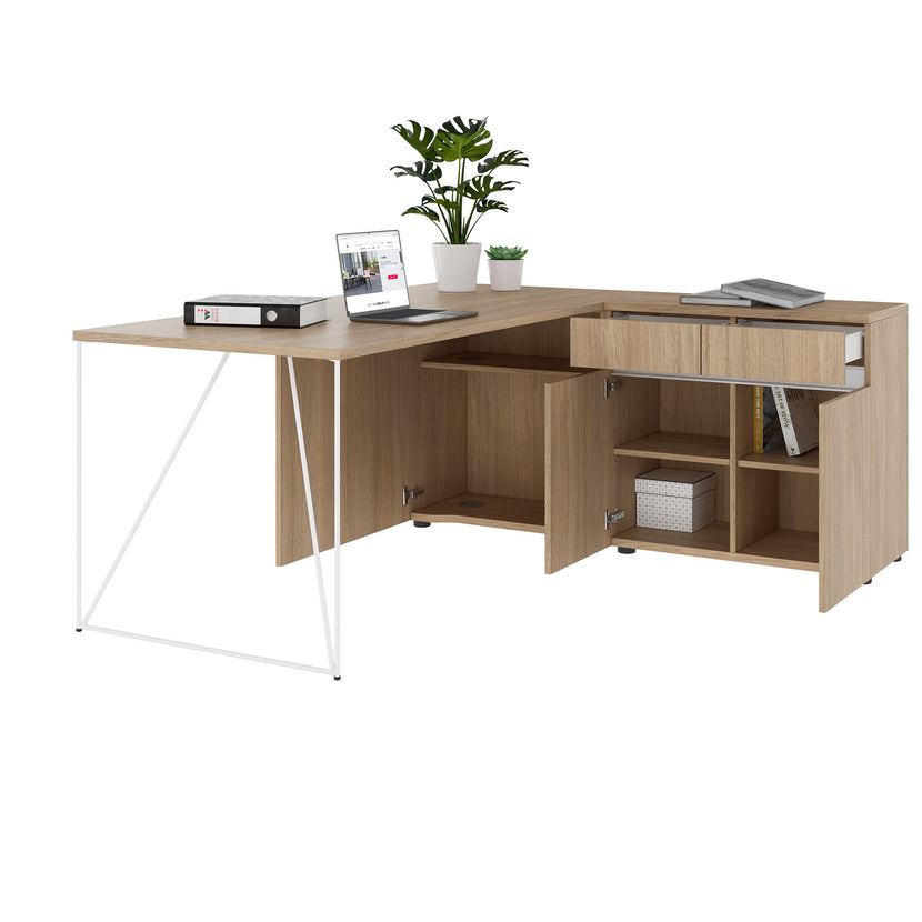 AIR desk | 1600 - 2000 mm, electrified, integrated sideboard, amber oak