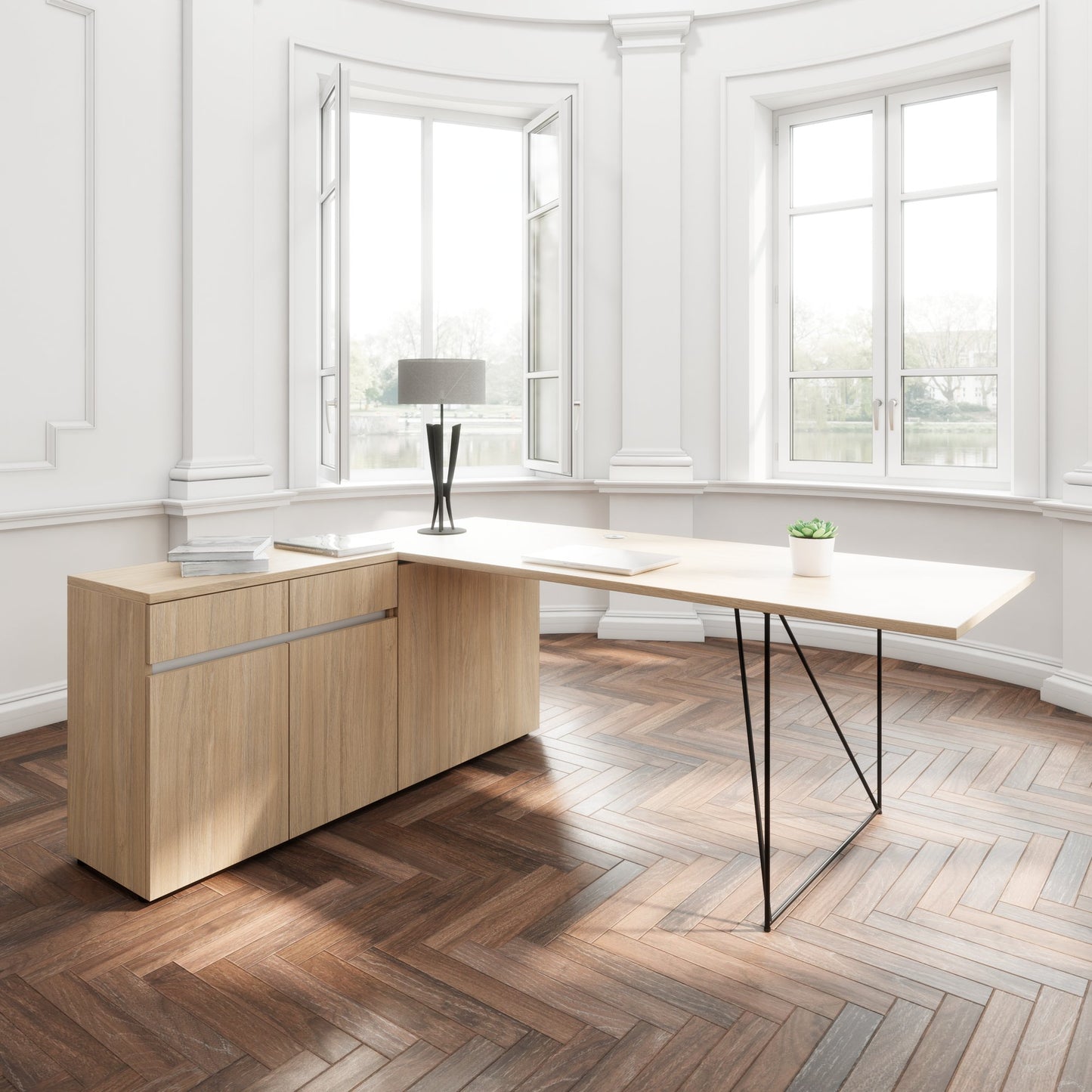 AIR desk | 1600 - 2000 mm, electrified, integrated sideboard, amber oak
