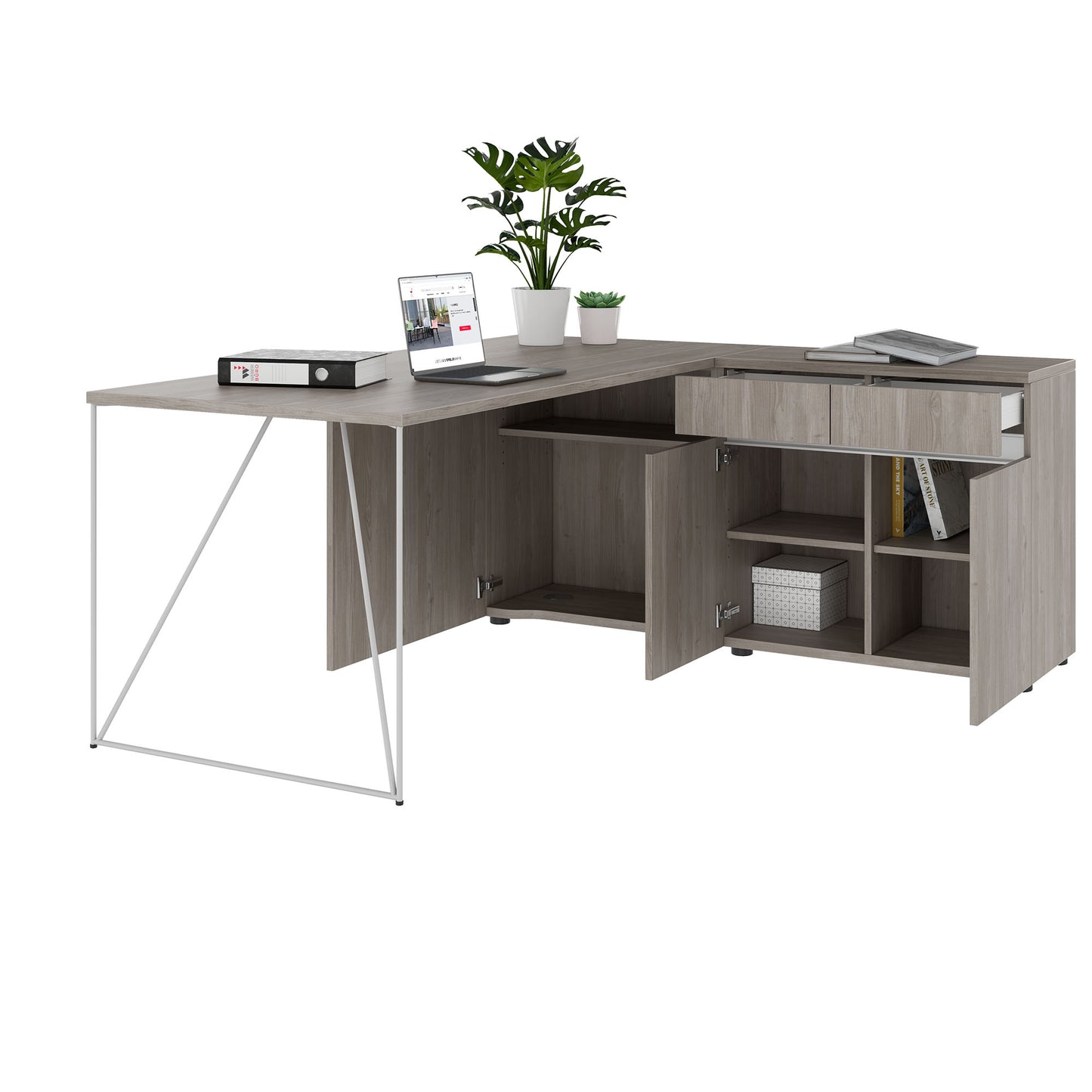AIR desk | 1600 - 2000 mm, electrified, integrated sideboard, gray northern oak