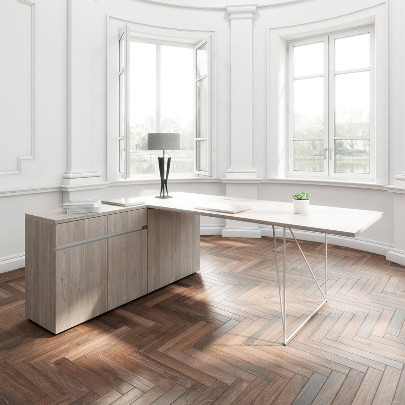 AIR desk | 1600 - 2000 mm, electrified, integrated sideboard, gray northern oak