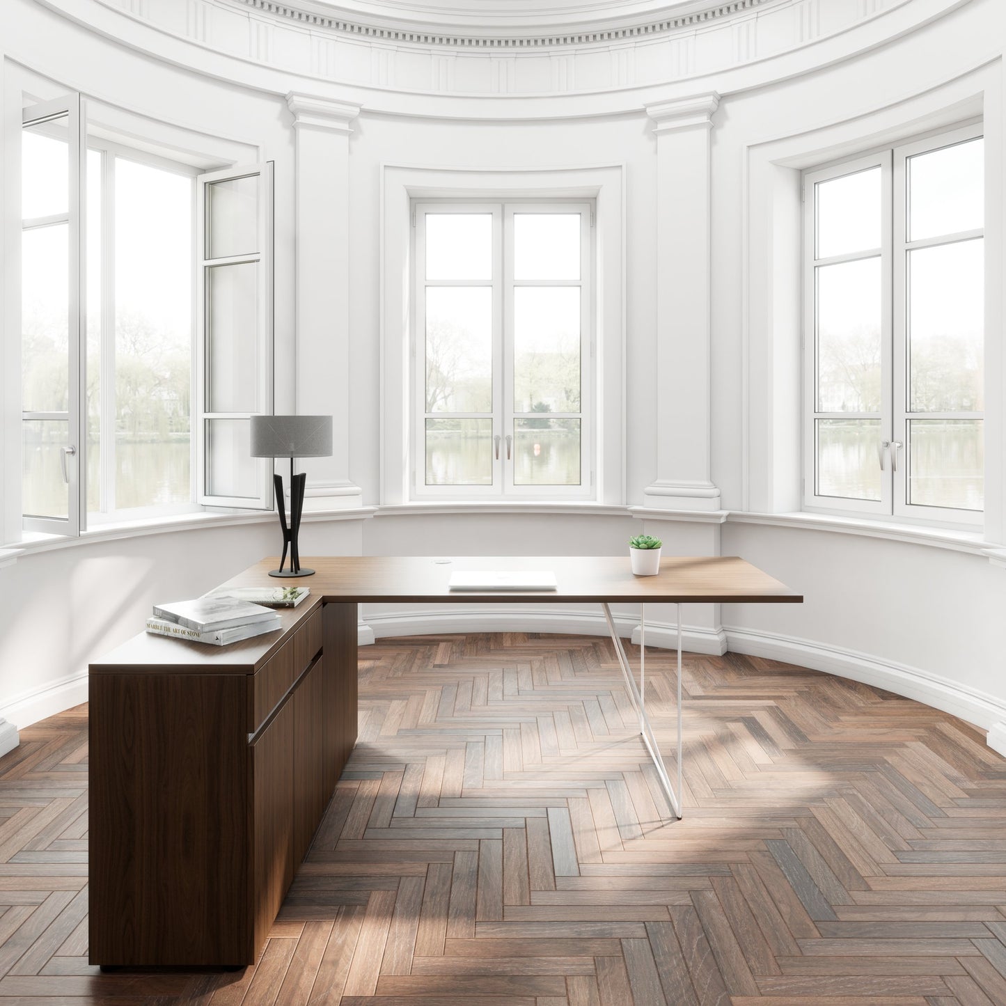 AIR Scrivania | 1600 - 2000 mm, sideboard elettrificata, integrata, noce