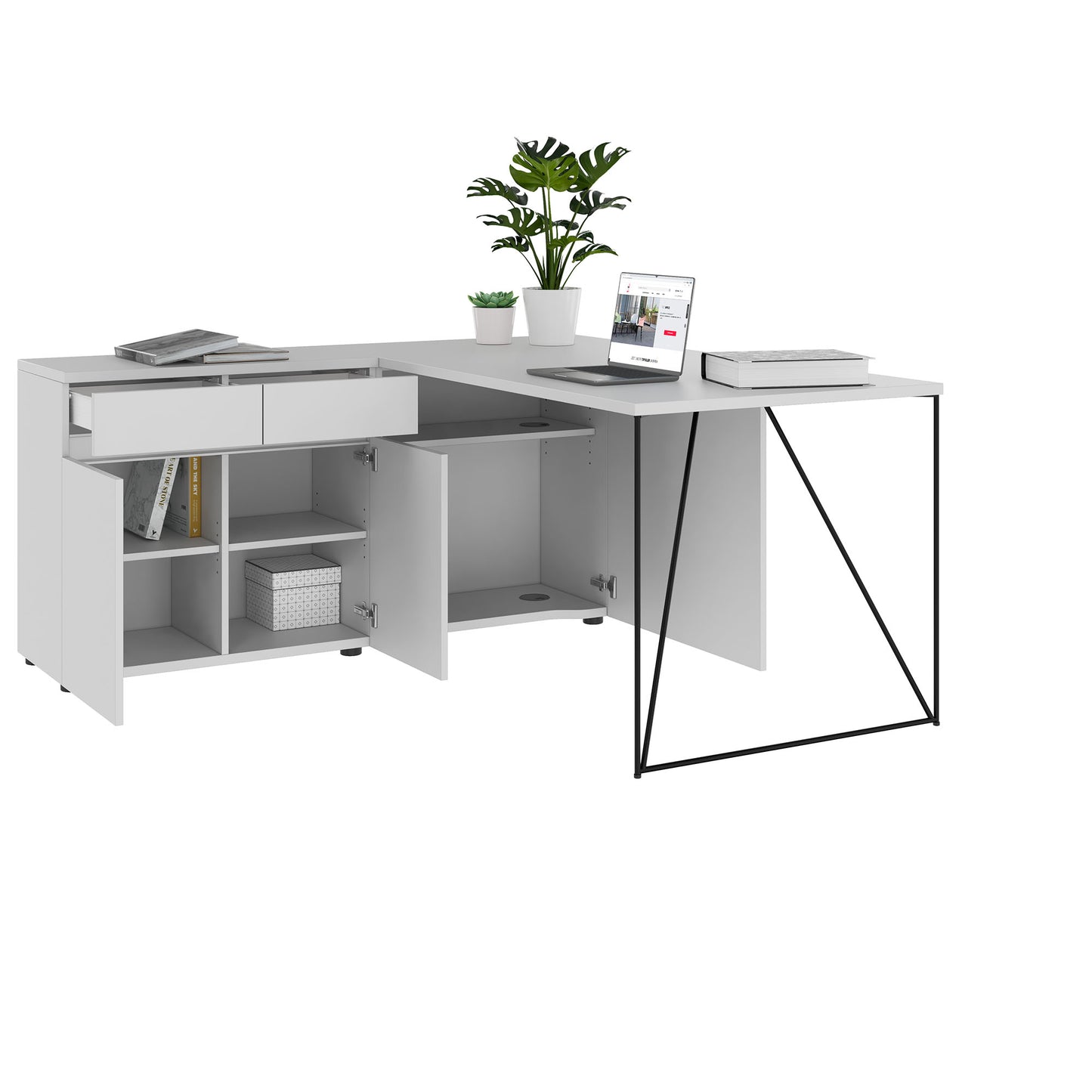 AIR desk | 1600 - 2000 mm, electrified, integrated sideboard, pearl gray