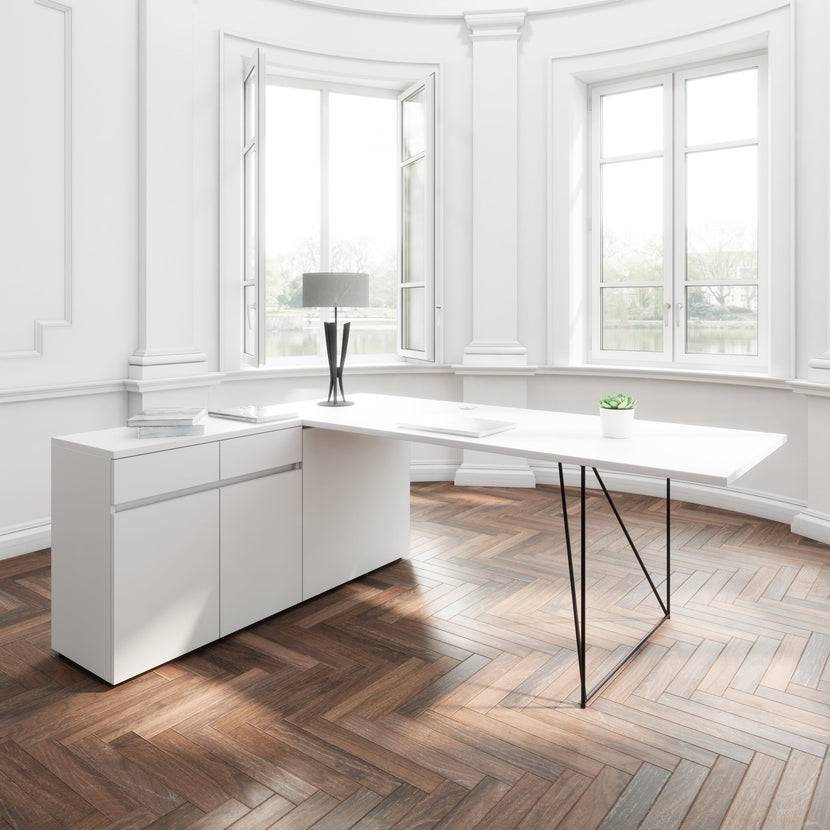 AIR desk | 1600 - 2000 mm, electrified, integrated sideboard, pearl gray