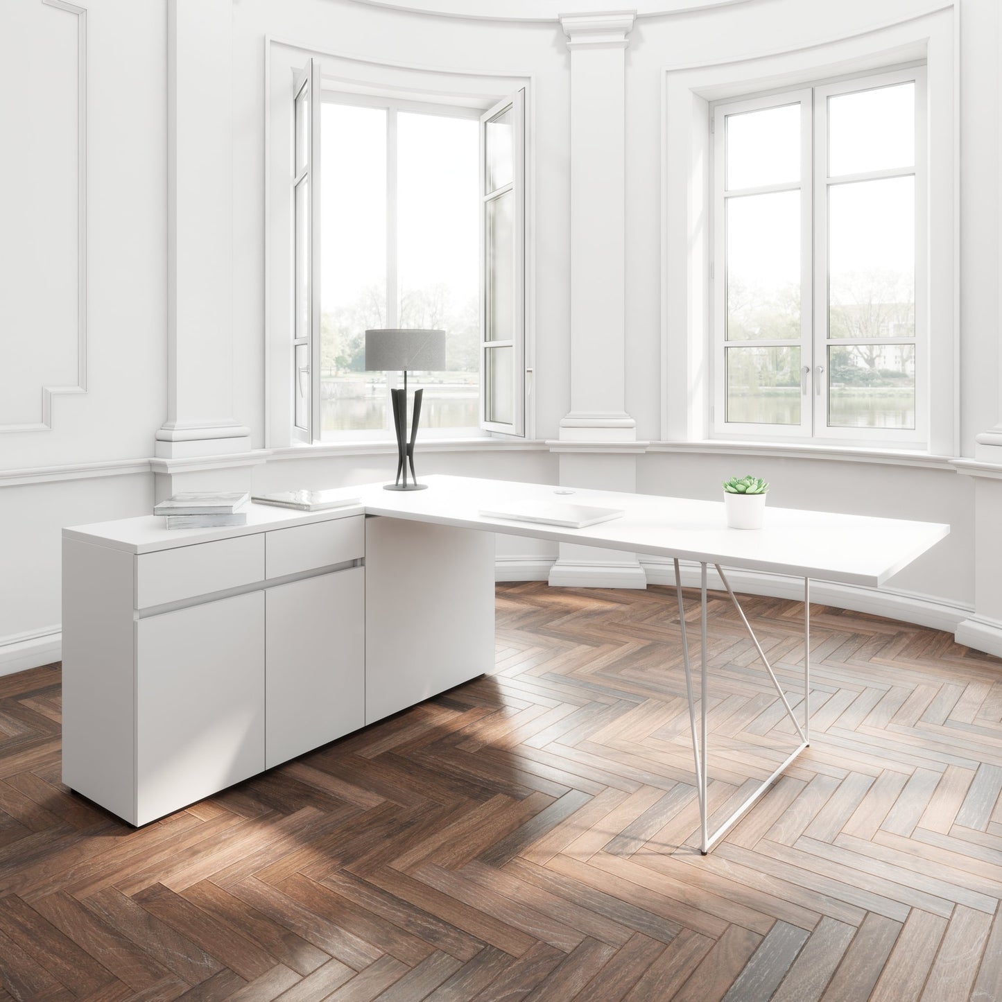 AIR desk | 1600 - 2000 mm, electrified, integrated sideboard, pearl gray