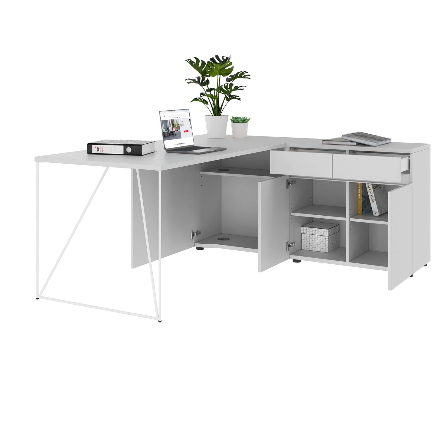 AIR desk | 1600 - 2000 mm, electrified, integrated sideboard, pearl gray