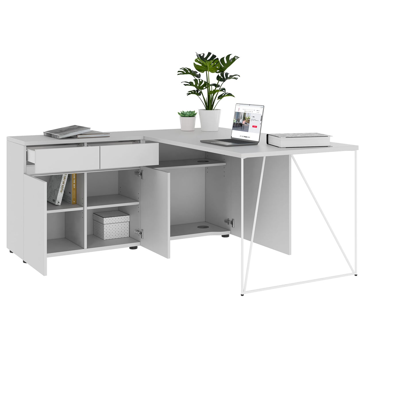 AIR desk | 1600 - 2000 mm, electrified, integrated sideboard, pearl gray
