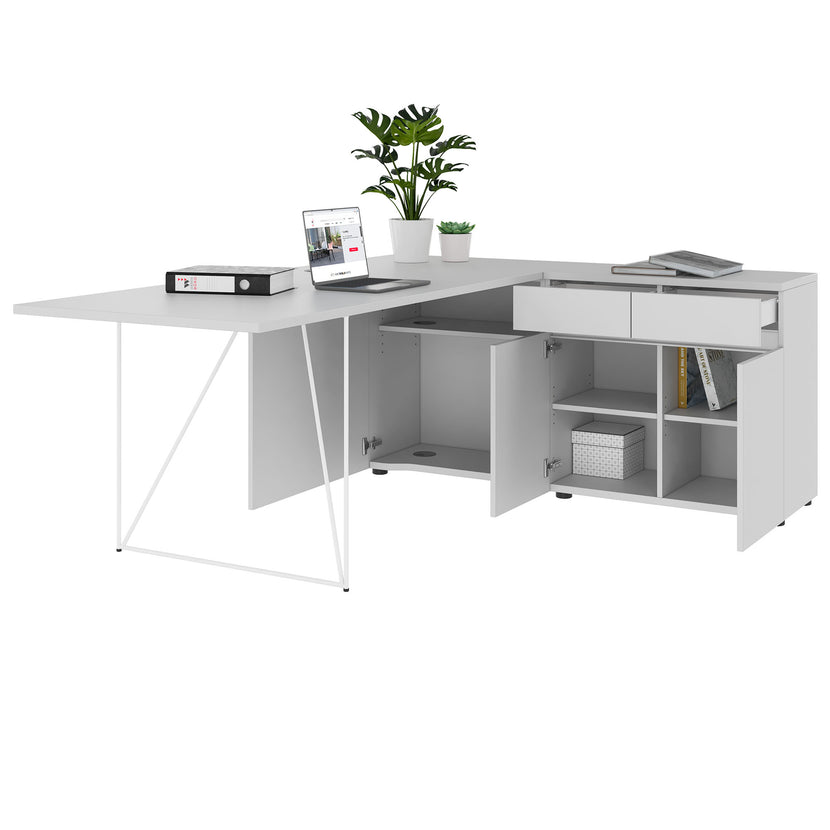 AIR desk | 1600 - 2000 mm, electrified, integrated sideboard, pearl gray