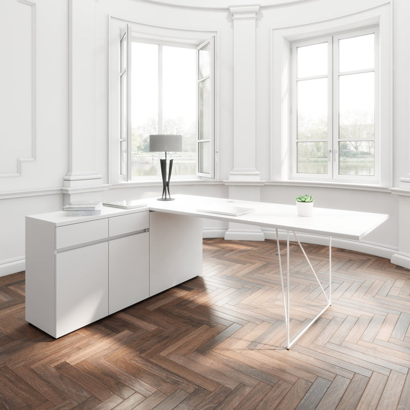 AIR desk | 1600 - 2000 mm, electrified, integrated sideboard, pearl gray