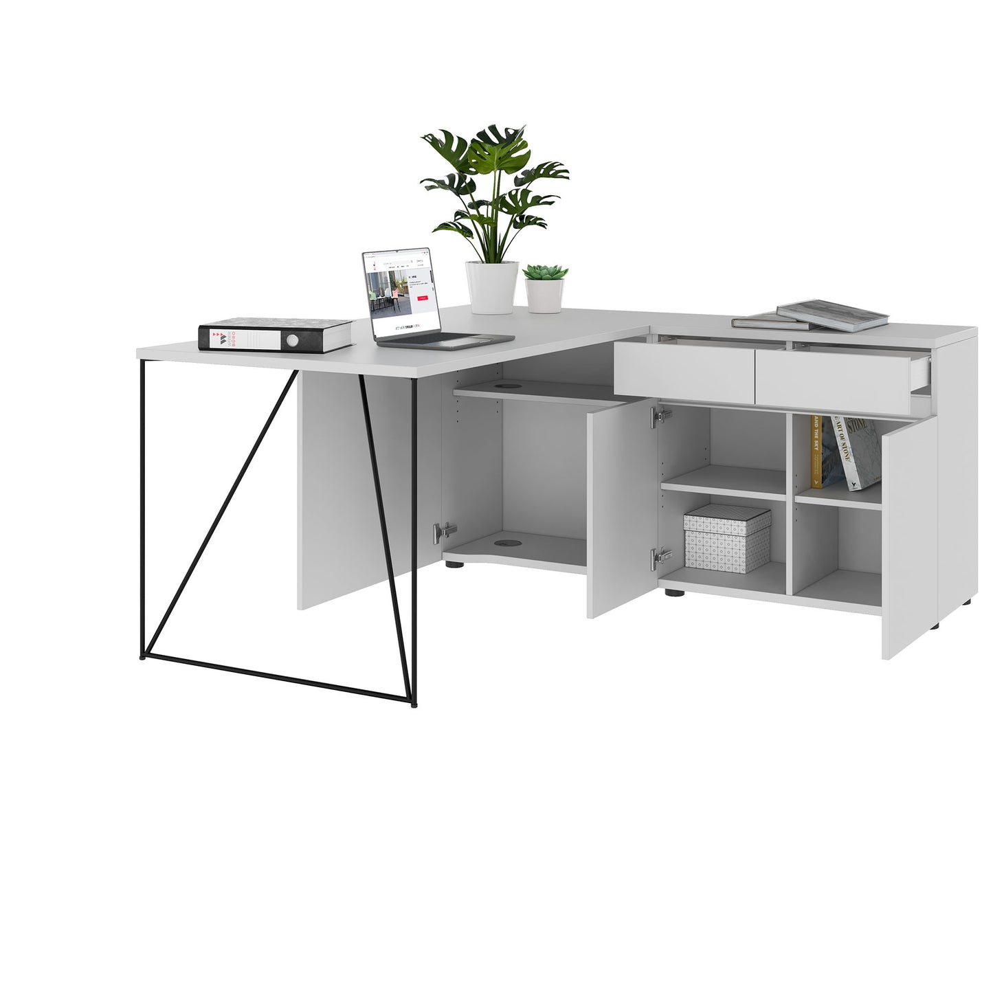 AIR desk | 1600 - 2000 mm, electrified, integrated sideboard, pearl gray