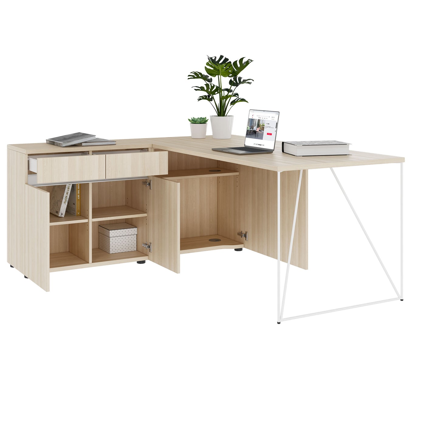 AIR desk | 1600 - 2000 mm, electrified, integrated sideboard, sand ash