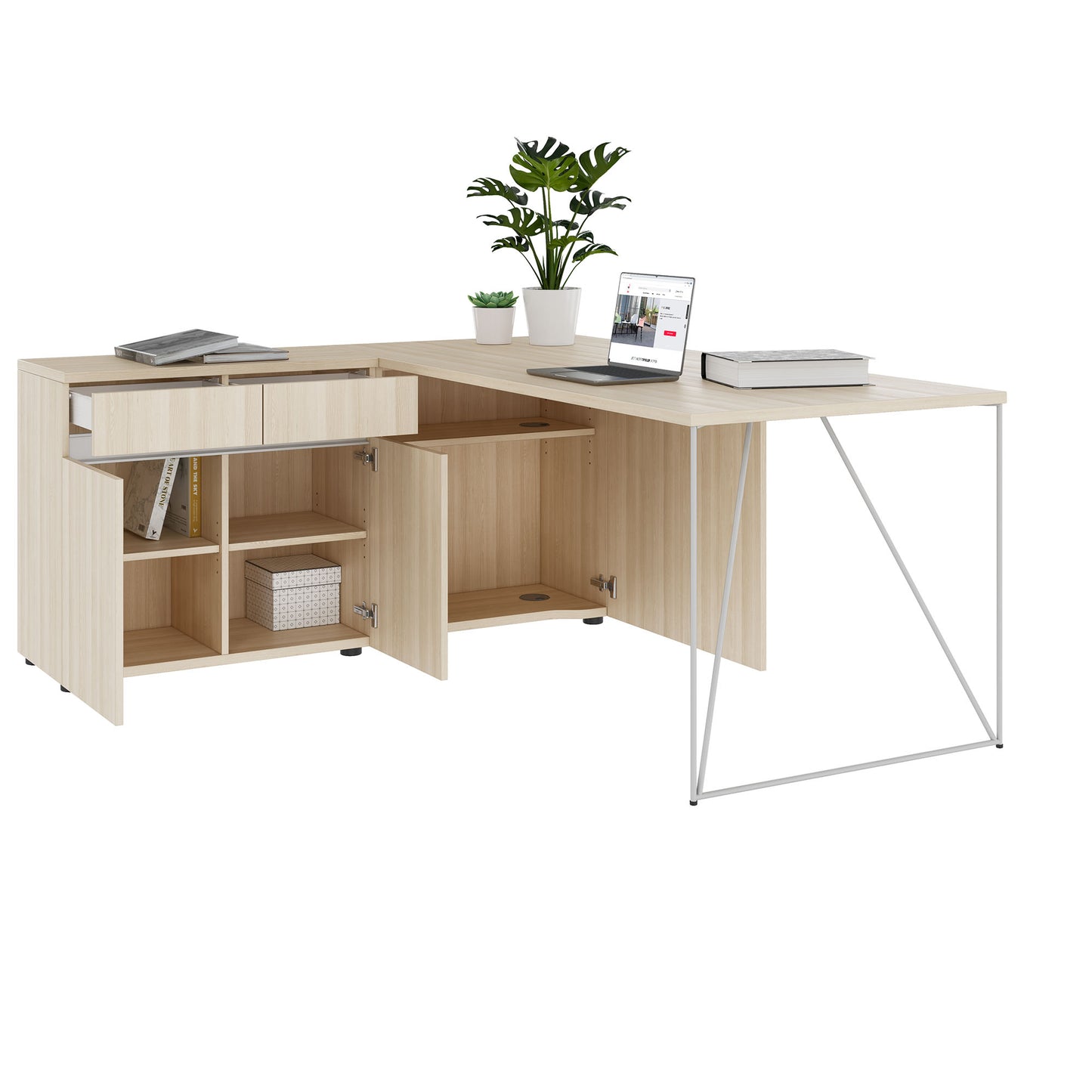 AIR desk | 1600 - 2000 mm, electrified, integrated sideboard, sand ash