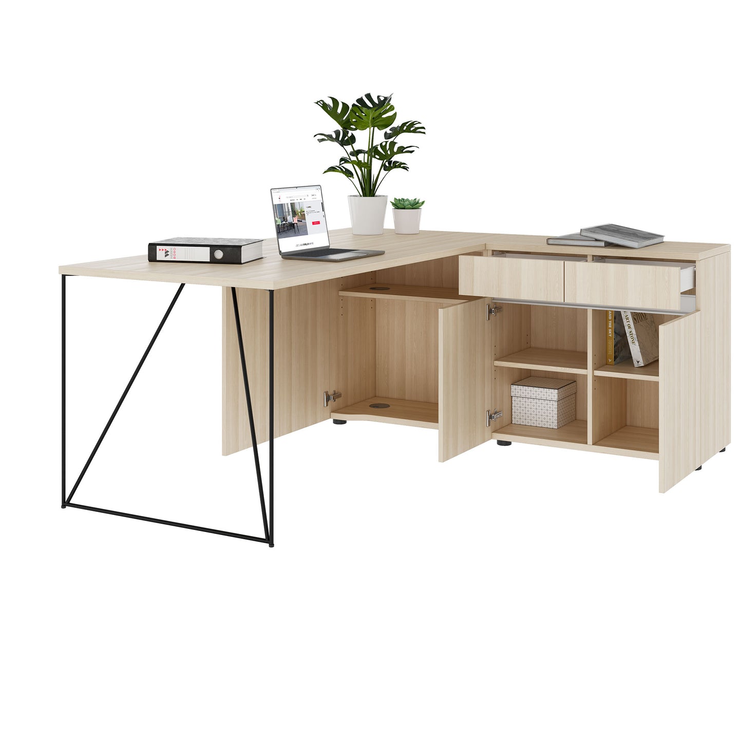 AIR desk | 1600 - 2000 mm, electrified, integrated sideboard, sand ash