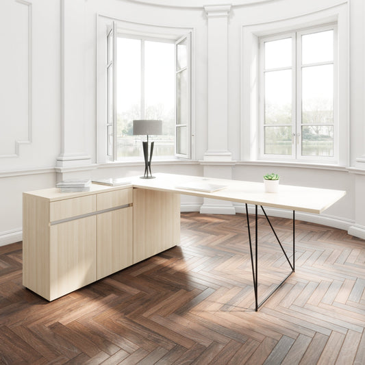 AIR desk | 1600 - 2000 mm, electrified, integrated sideboard, sand ash