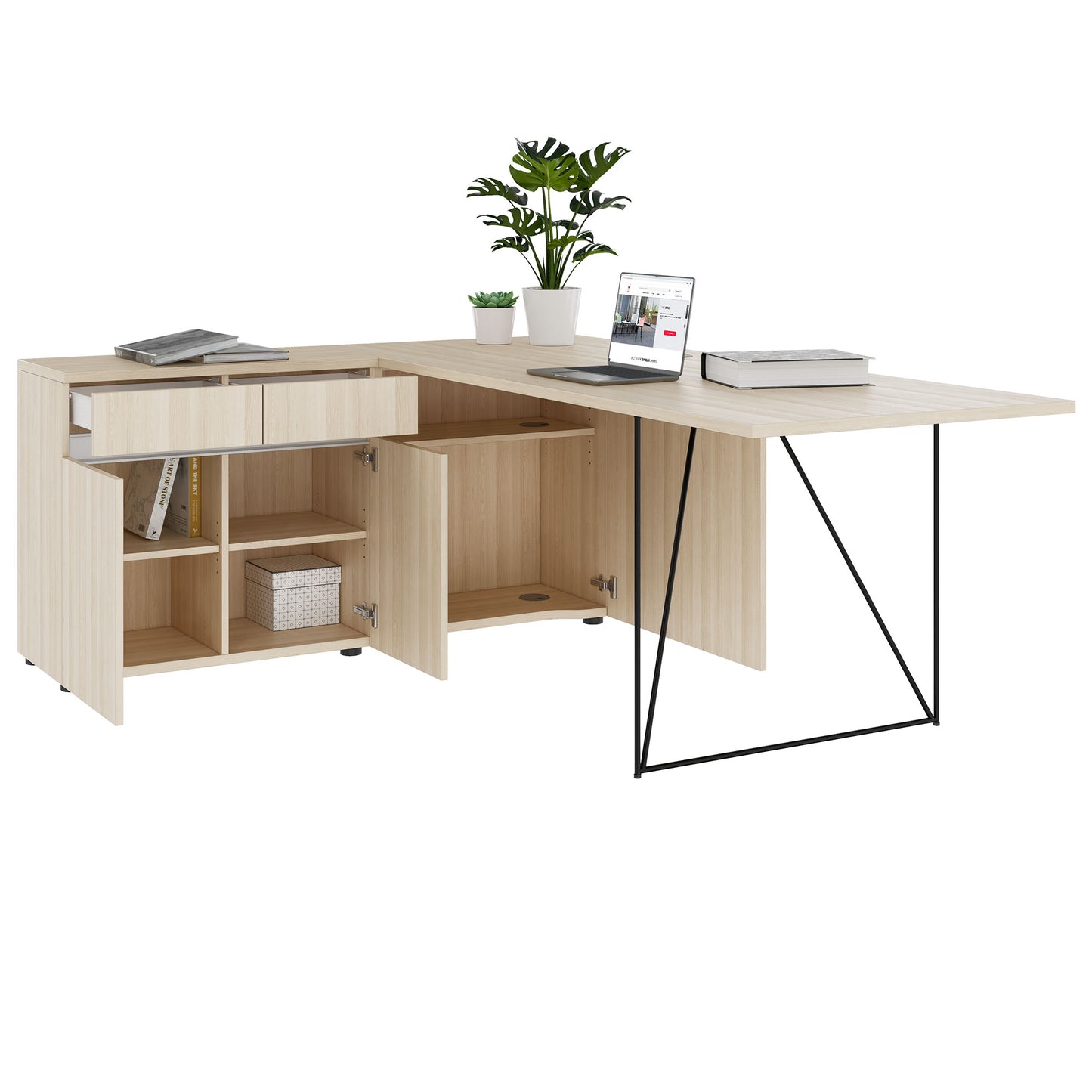 AIR desk | 1600 - 2000 mm, electrified, integrated sideboard, sand ash