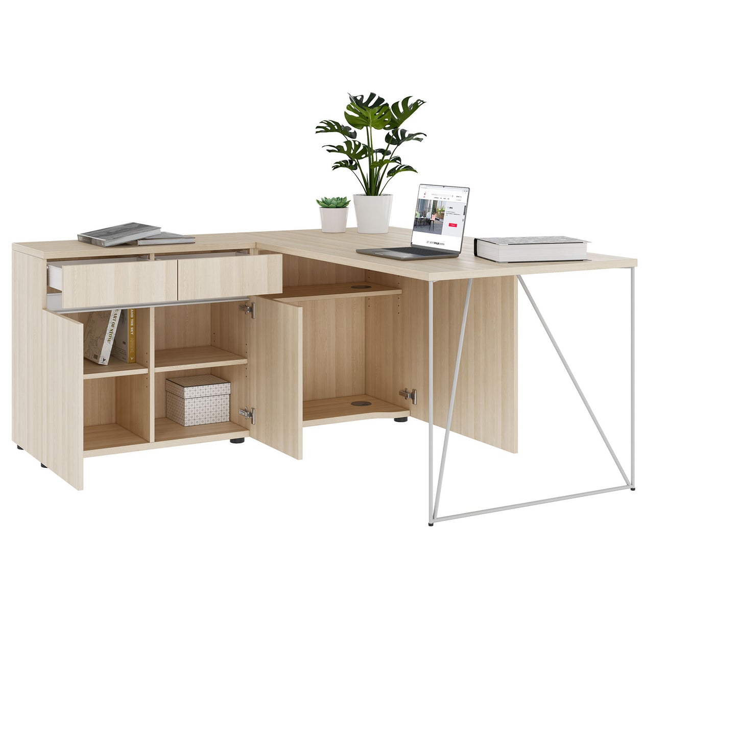 AIR desk | 1600 - 2000 mm, electrified, integrated sideboard, sand ash