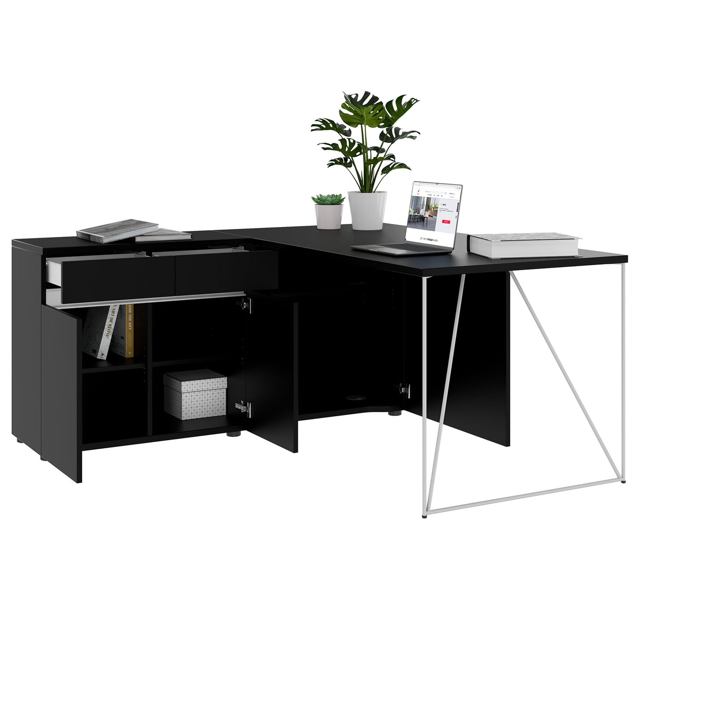AIR desk | 1600 - 2000 mm, electrified, integrated sideboard, black