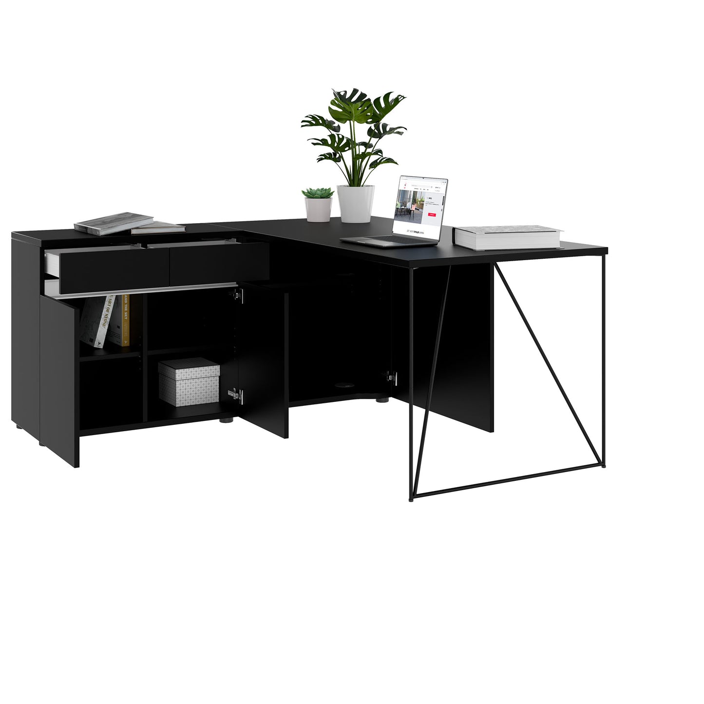 AIR desk | 1600 - 2000 mm, electrified, integrated sideboard, black