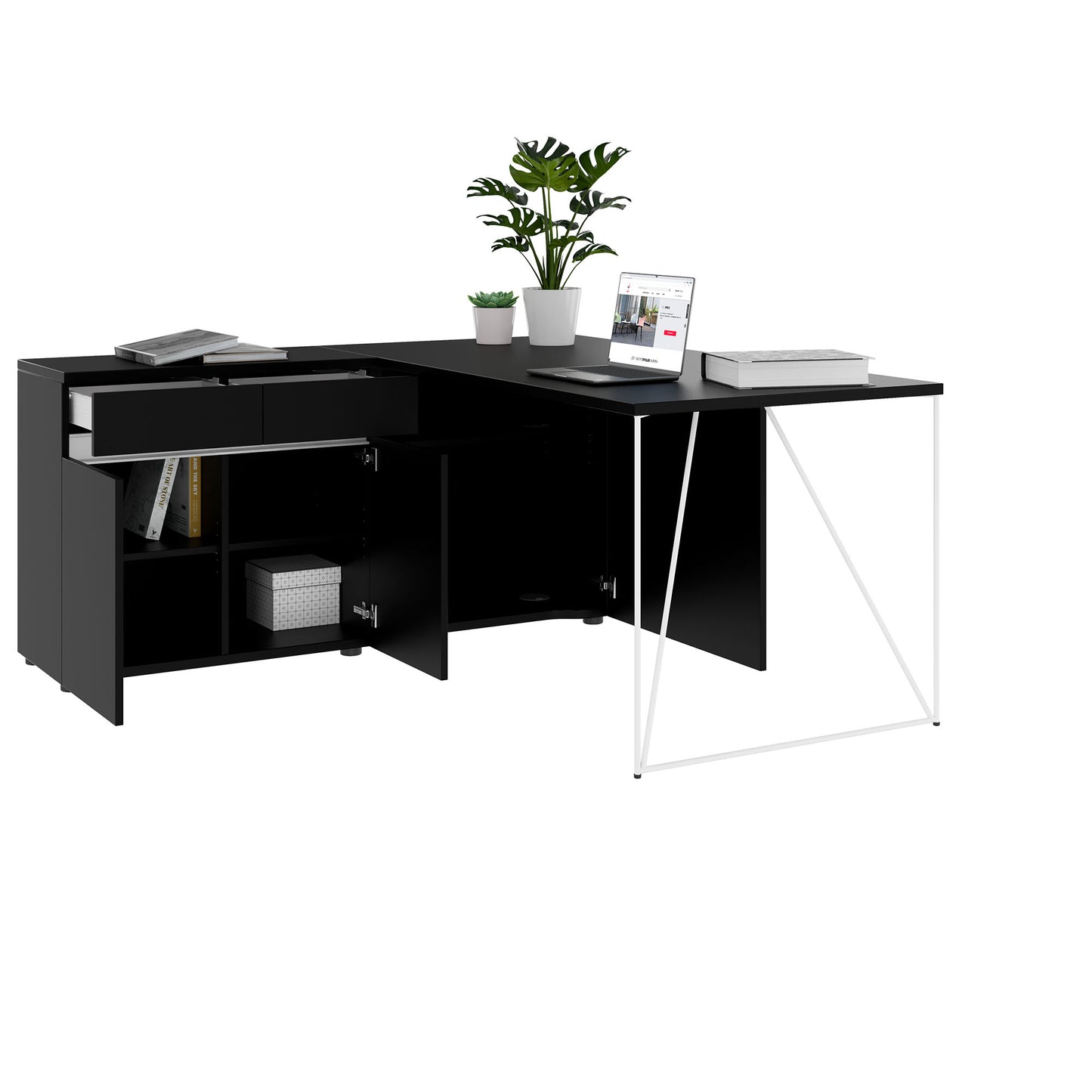 AIR desk | 1600 - 2000 mm, electrified, integrated sideboard, black