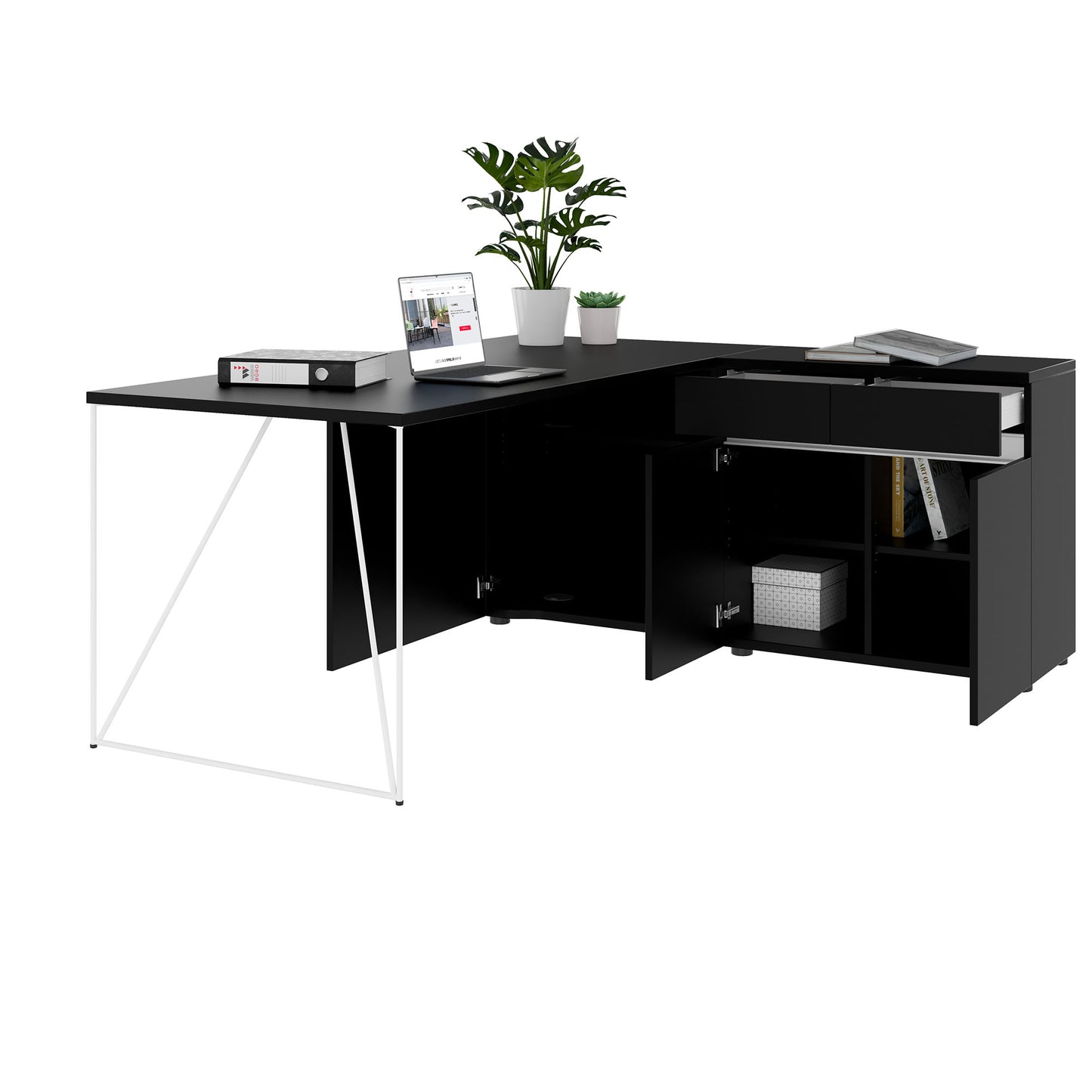 AIR desk | 1600 - 2000 mm, electrified, integrated sideboard, black