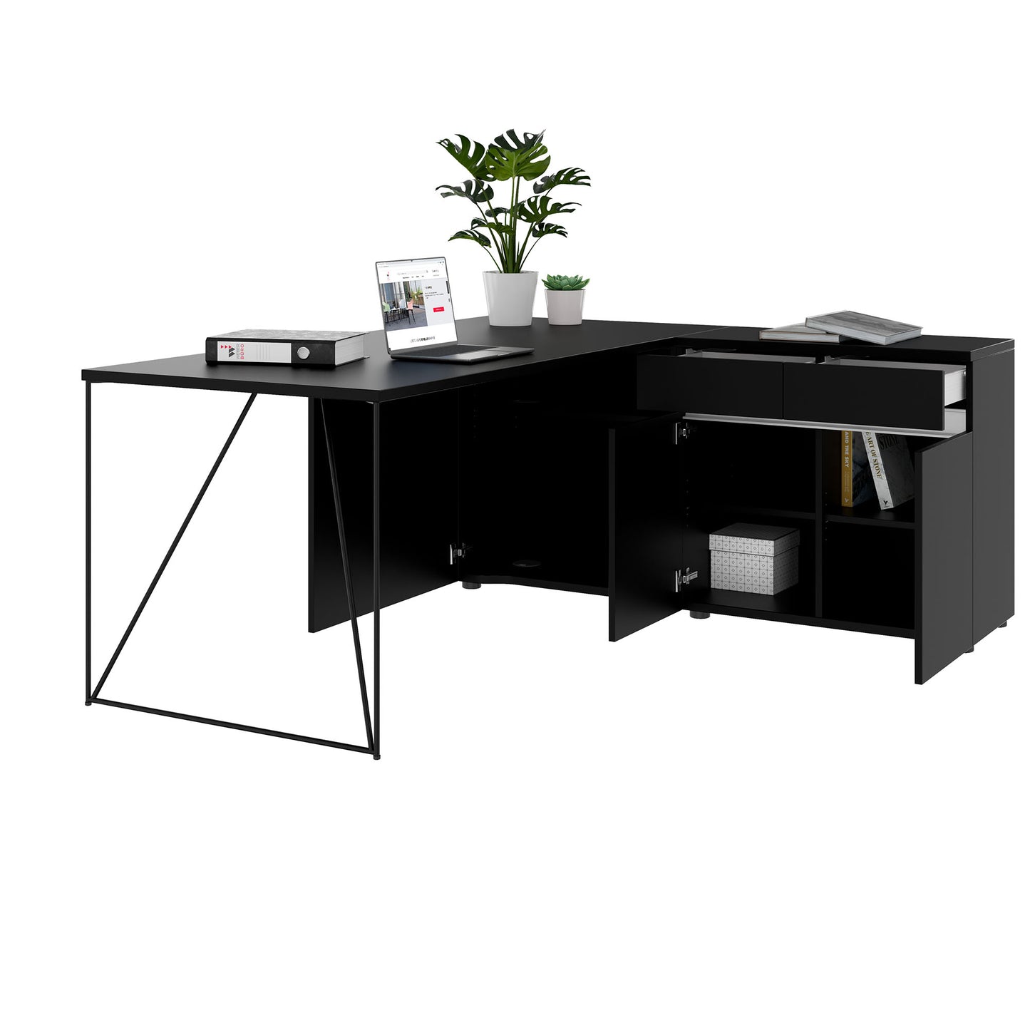 AIR desk | 1600 - 2000 mm, electrified, integrated sideboard, black