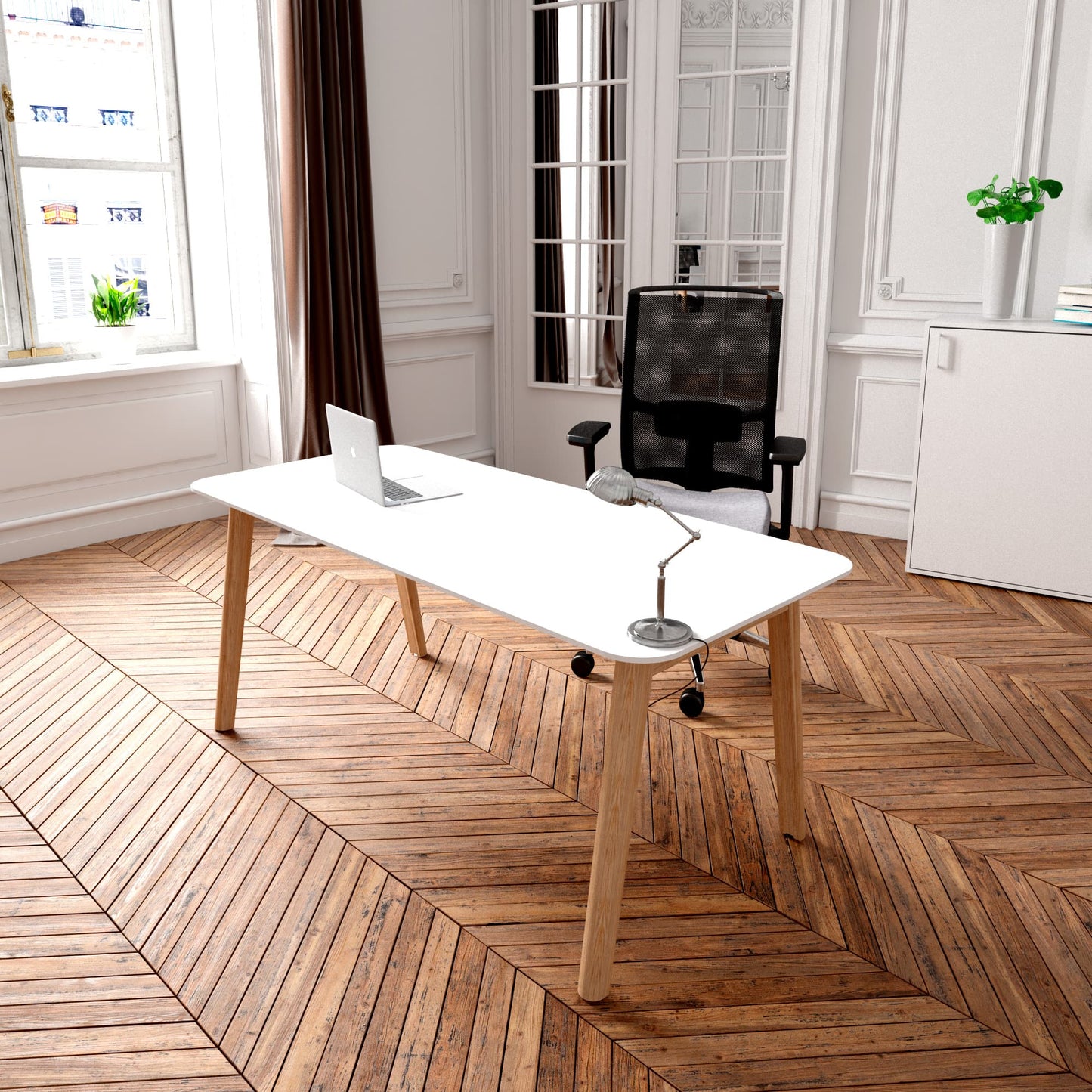 NOVA WOOD Schreibtisch | Massivholz-Gestell, 1800 x 800 mm, HPL Weiss