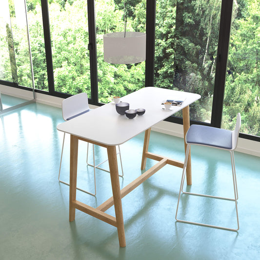 NOVA WOOD Hochtisch | Massivholz-Gestell, 1600 x 700 mm, HPL Weiss