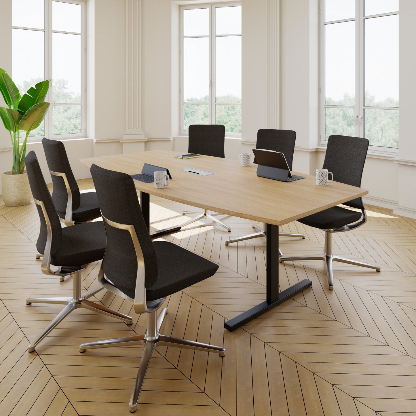 T-EASY conference table | boat shape, 1800 - 2400 mm (6 - 10 persons), cable flap optional, amber oak