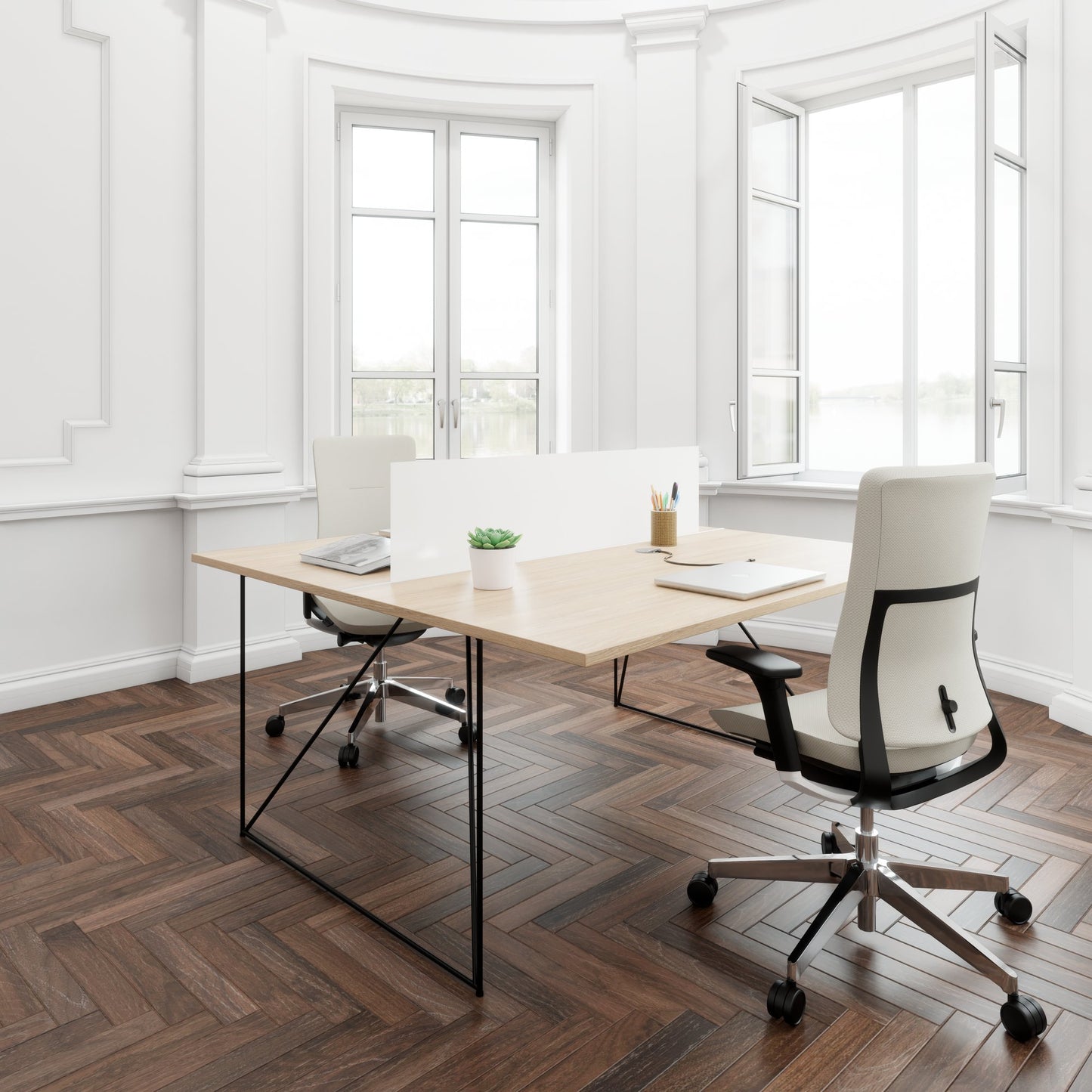 AIR DUO team desk | 1600 x 1600 mm, electrified, amber oak