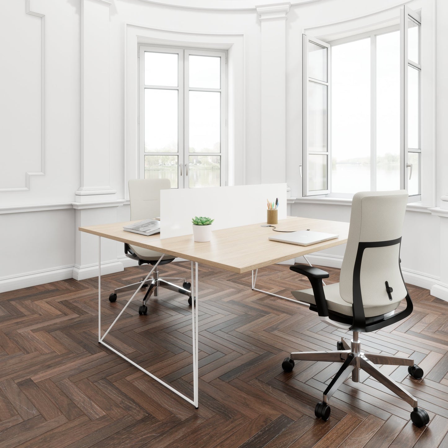 AIR DUO Desk del team | 1600 x 1600 mm, quercia ambra elettrificata