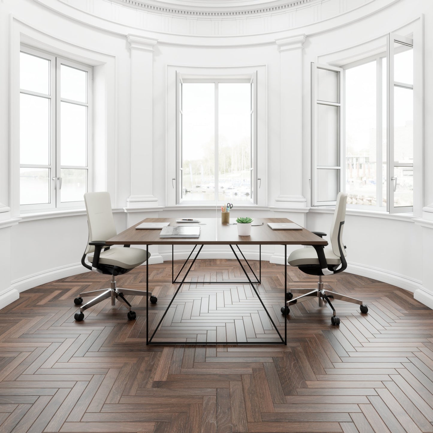 AIR DUO team desk | 1600 x 1600 mm, electrified, walnut