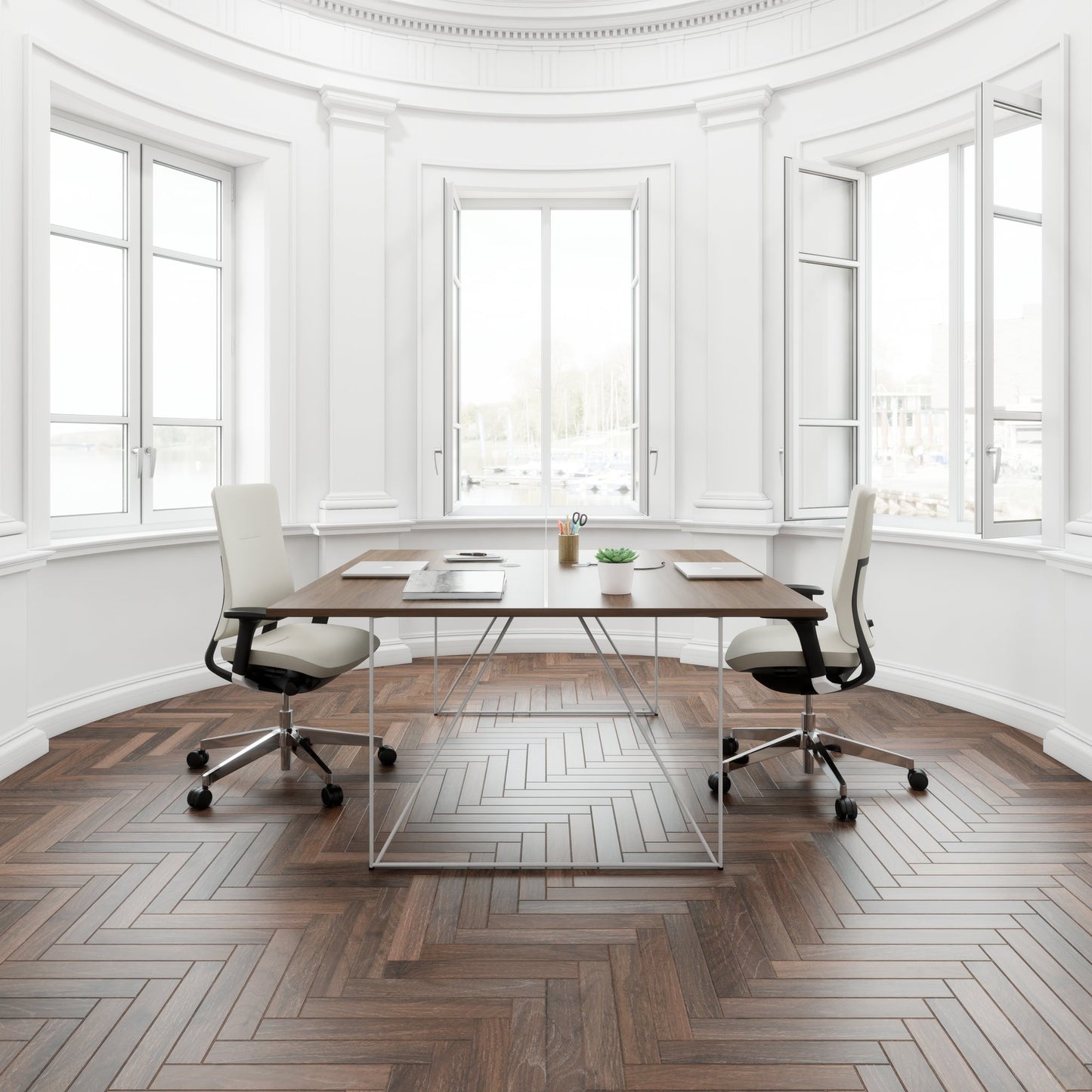 AIR DUO team desk | 1600 x 1600 mm, electrified, walnut