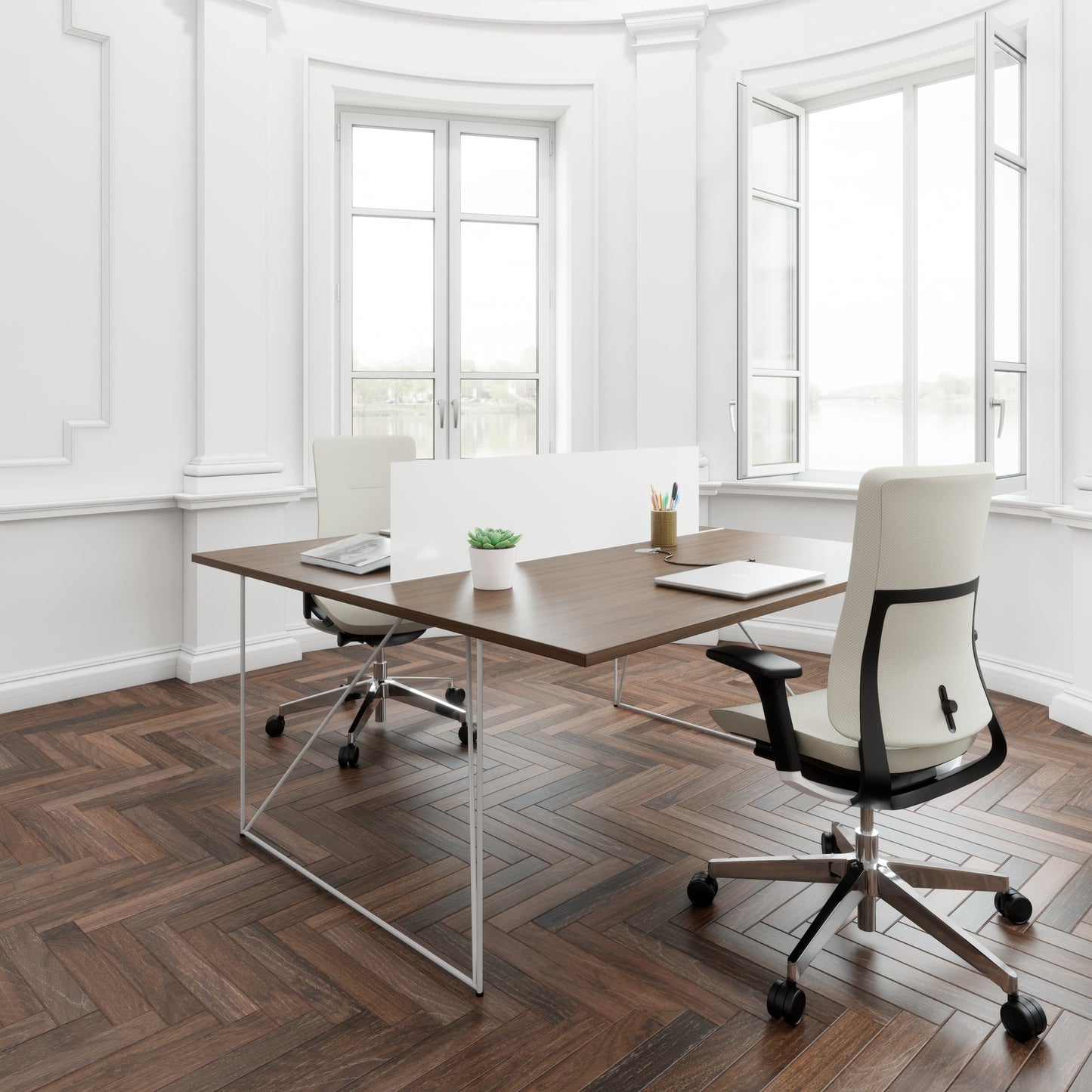 AIR DUO team desk | 1600 x 1600 mm, electrified, walnut