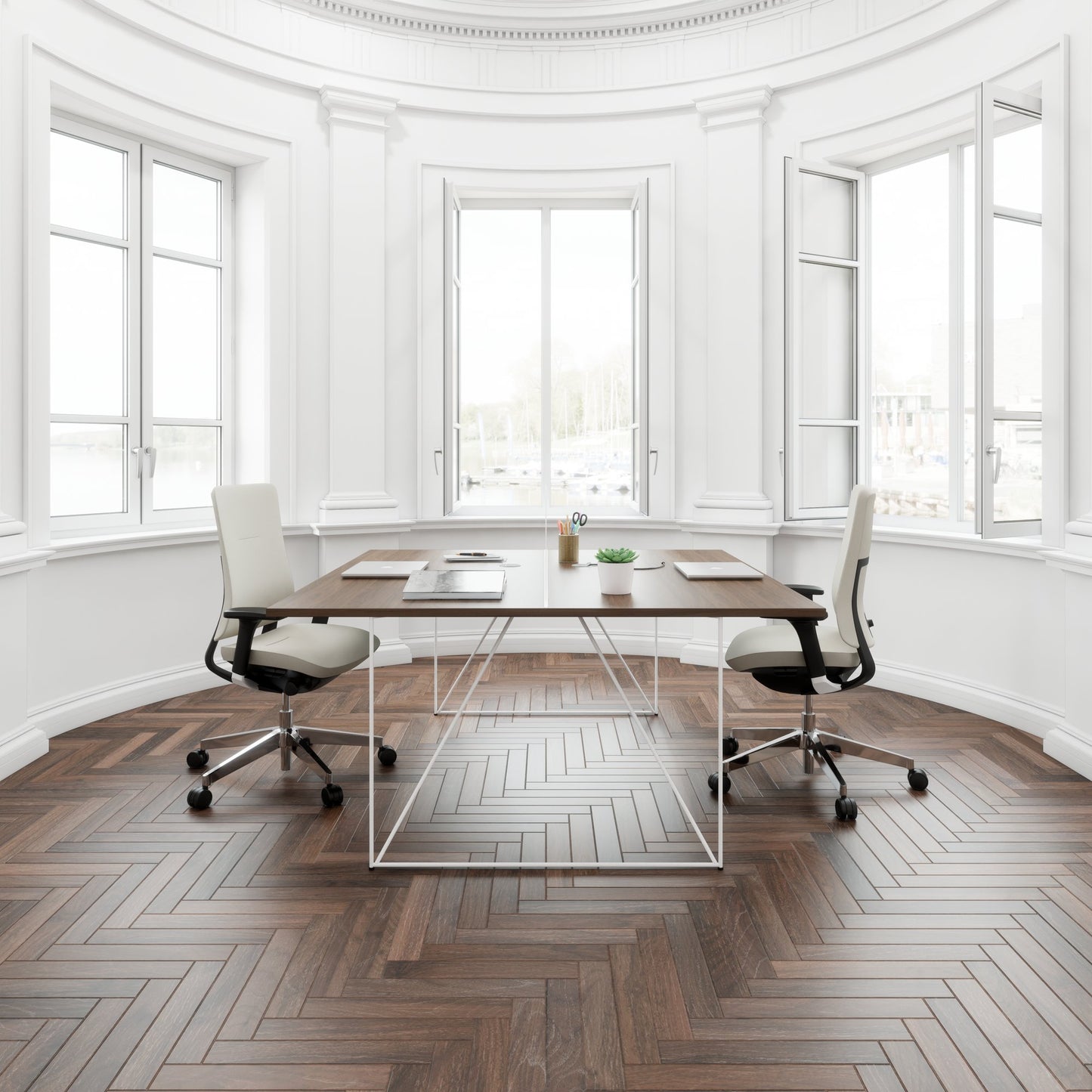AIR DUO team desk | 1600 x 1600 mm, electrified, walnut