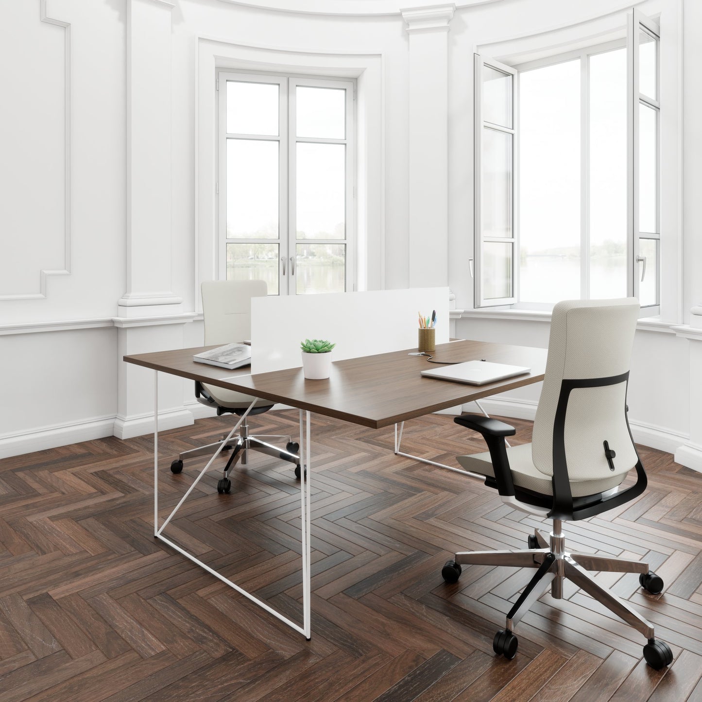 AIR DUO team desk | 1600 x 1600 mm, electrified, walnut