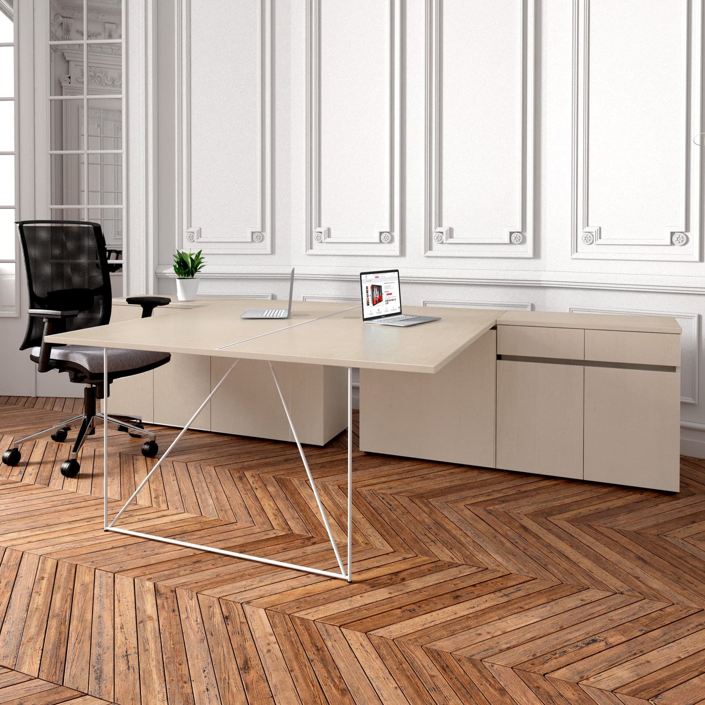 AIR DUO team desk with sideboards | 1600 - 2000 x 3200 mm, electrified, maple