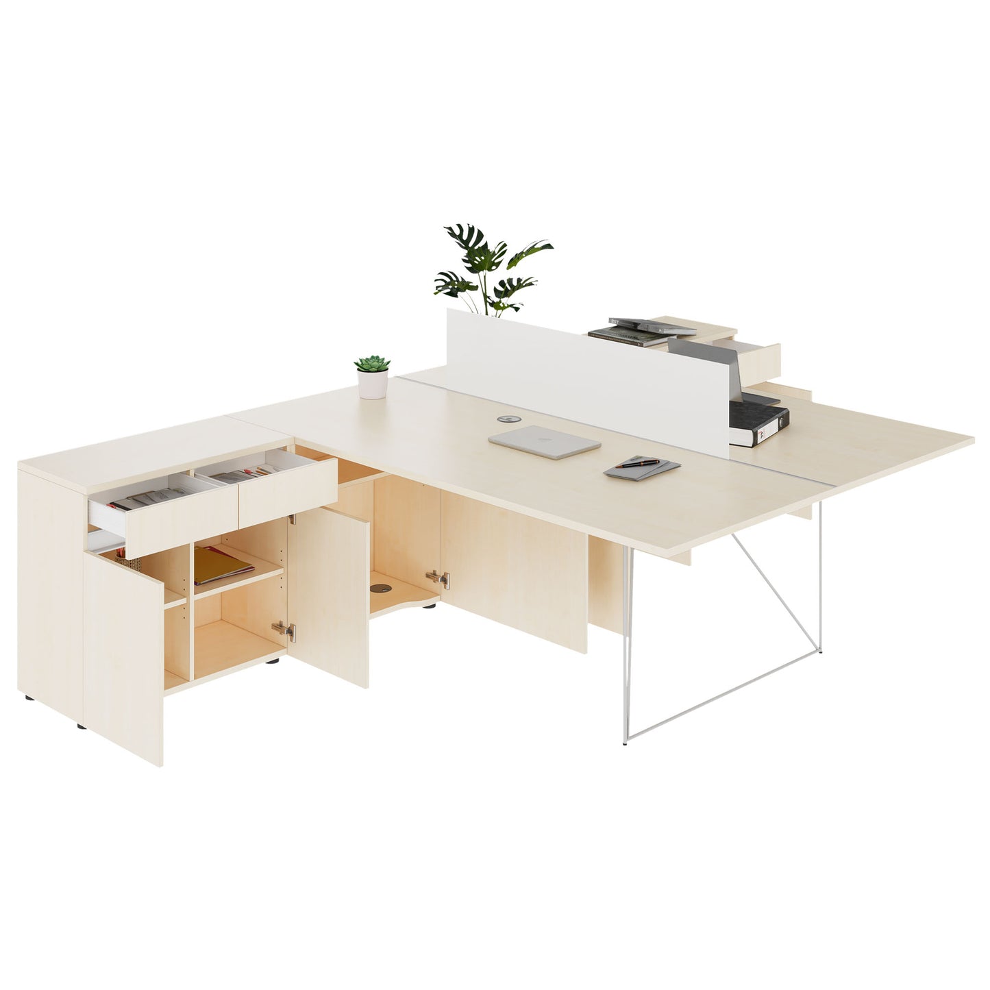 AIR DUO team desk with sideboards | 1600 - 2000 x 3200 mm, electrified, maple