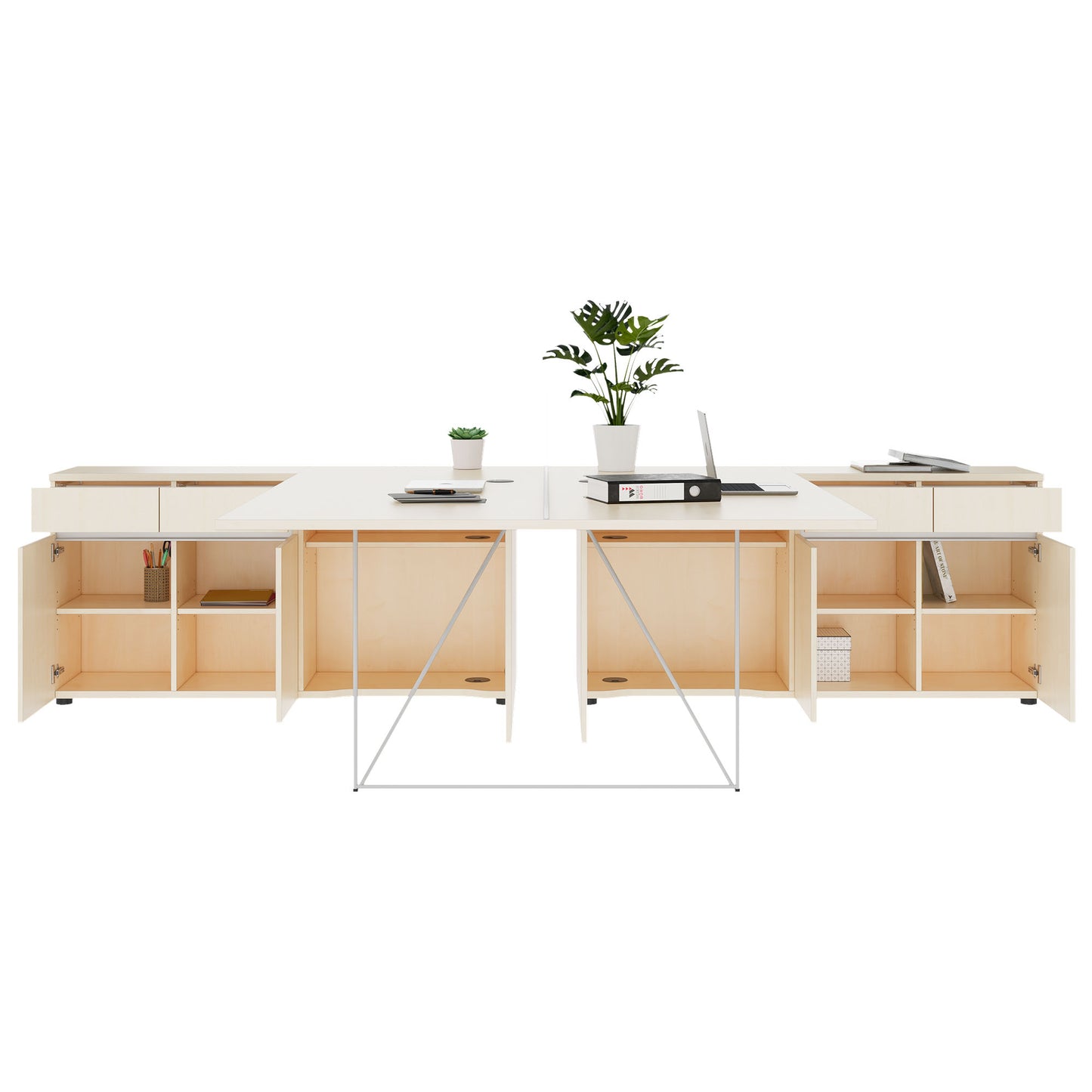 AIR DUO team desk with sideboards | 1600 - 2000 x 3200 mm, electrified, maple