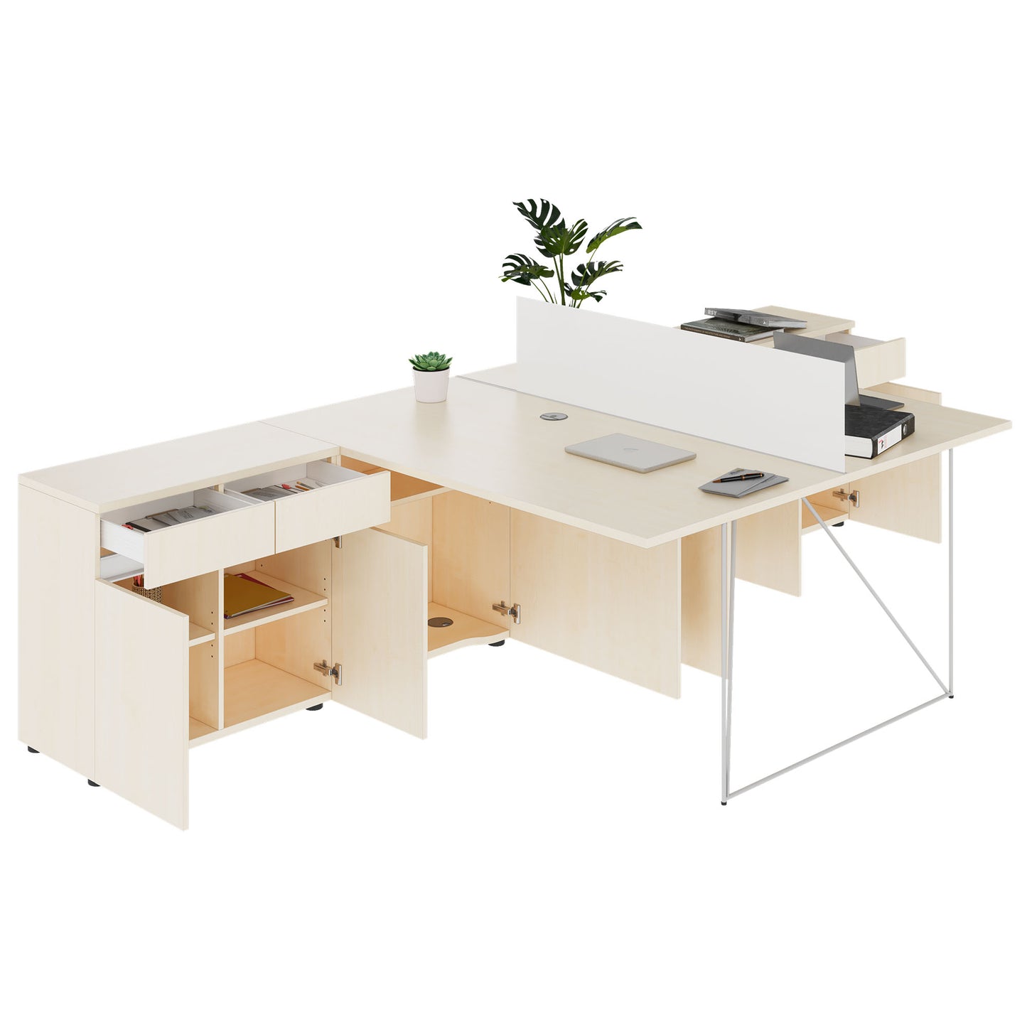 AIR DUO team desk with sideboards | 1600 - 2000 x 3200 mm, electrified, maple