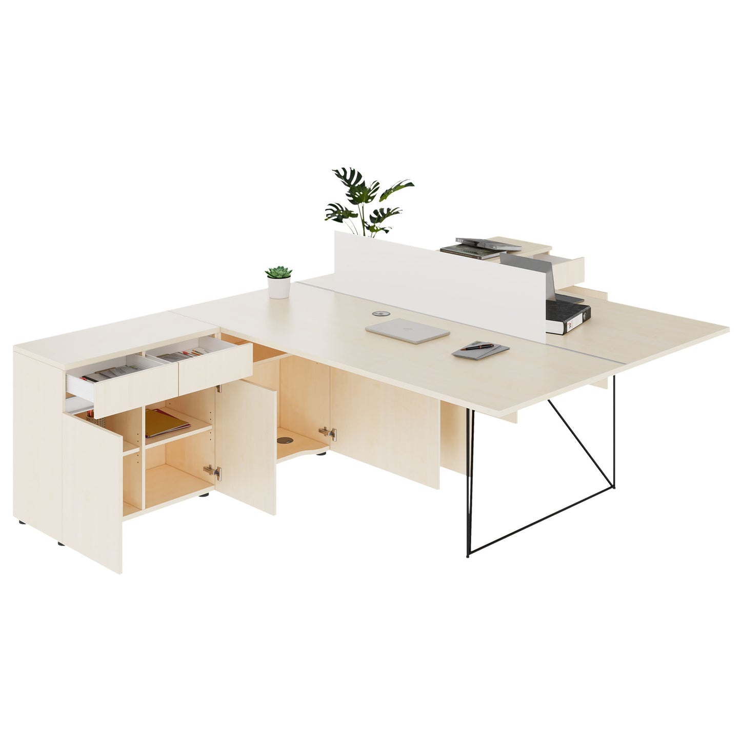 AIR DUO team desk with sideboards | 1600 - 2000 x 3200 mm, electrified, maple