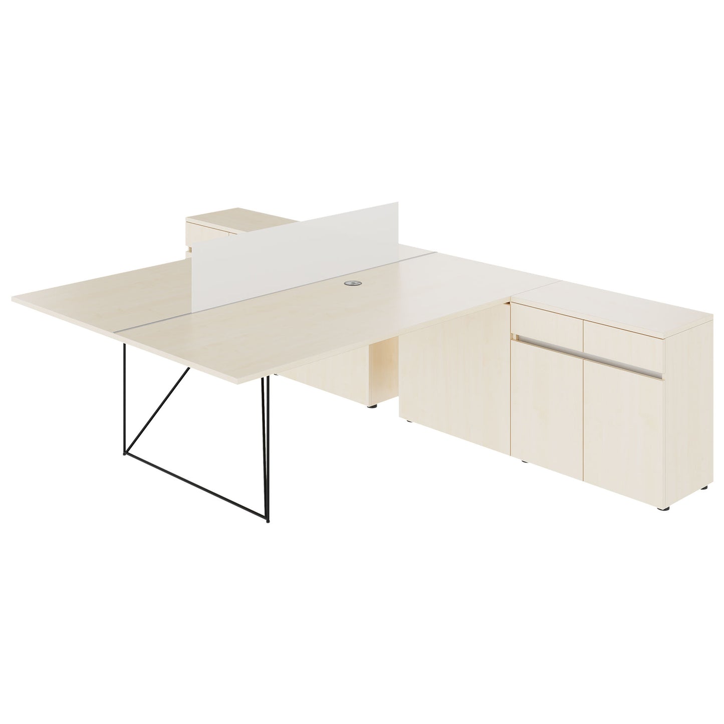 AIR DUO team desk with sideboards | 1600 - 2000 x 3200 mm, electrified, maple