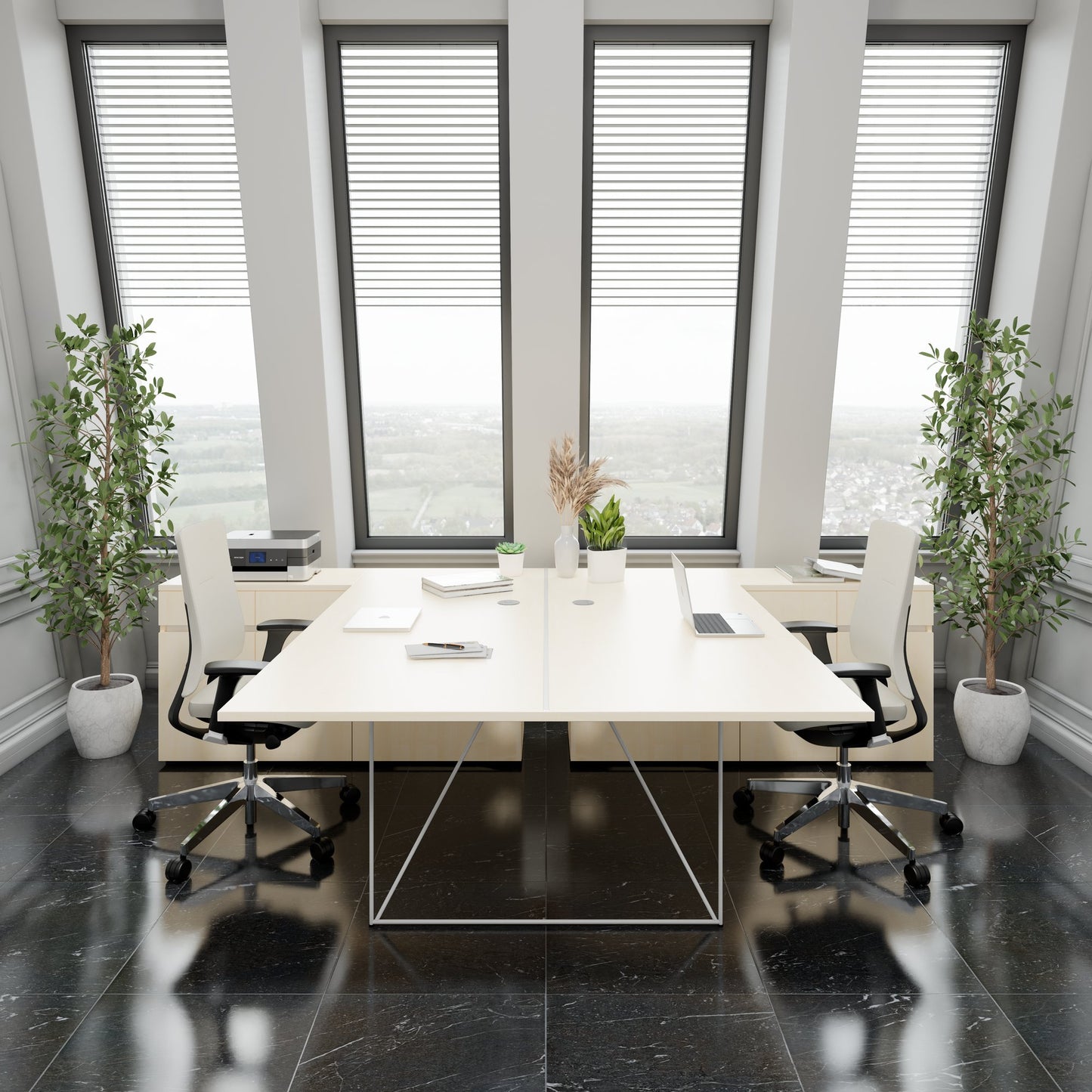 AIR DUO team desk with sideboards | 1600 - 2000 x 3200 mm, electrified, maple