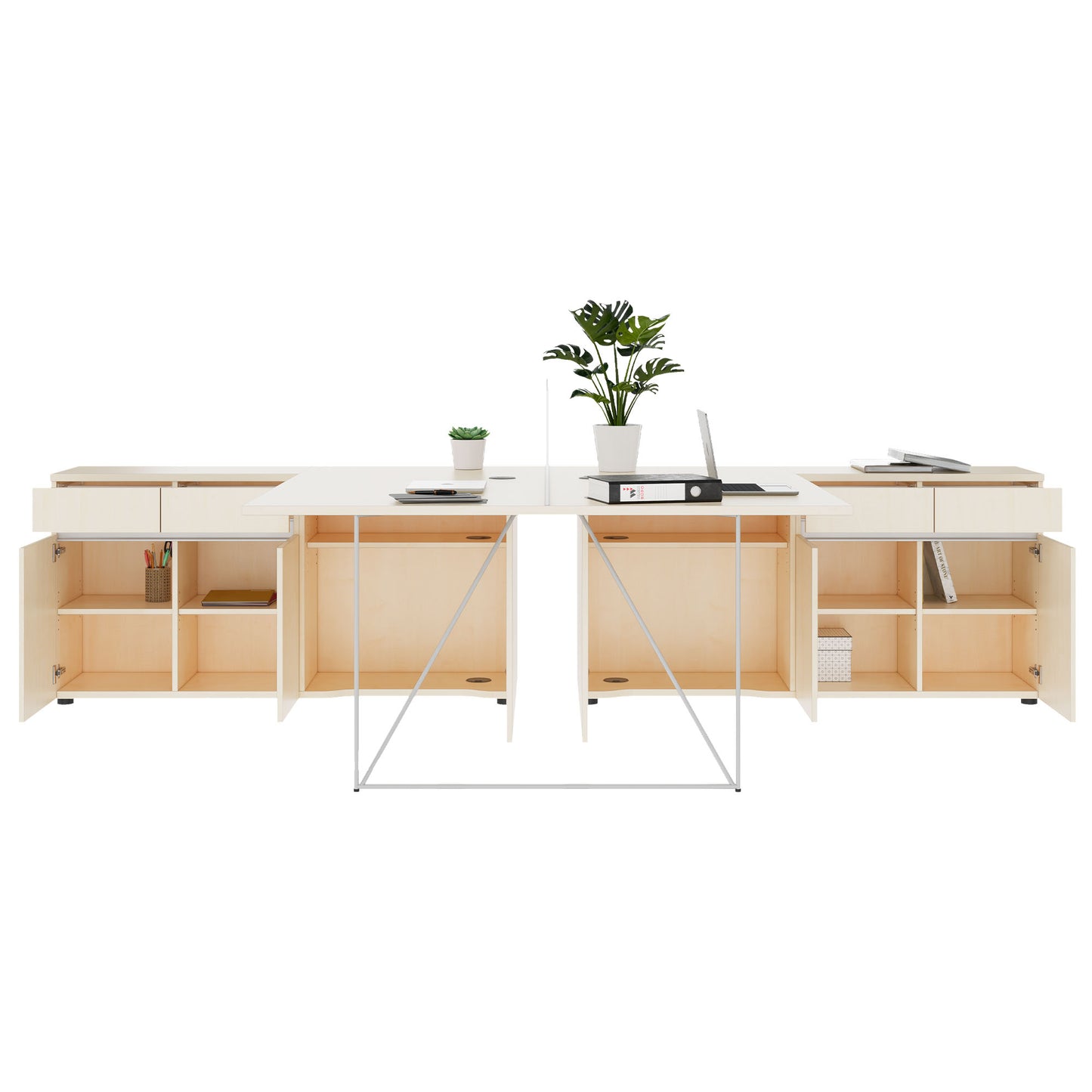 AIR DUO team desk with sideboards | 1600 - 2000 x 3200 mm, electrified, maple