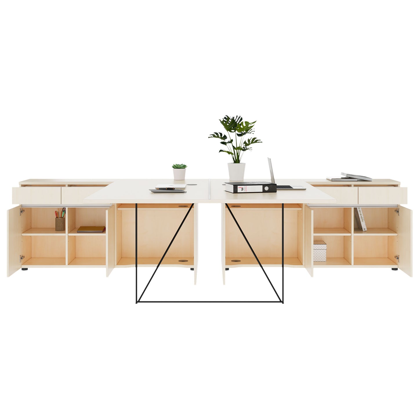 AIR DUO team desk with sideboards | 1600 - 2000 x 3200 mm, electrified, maple