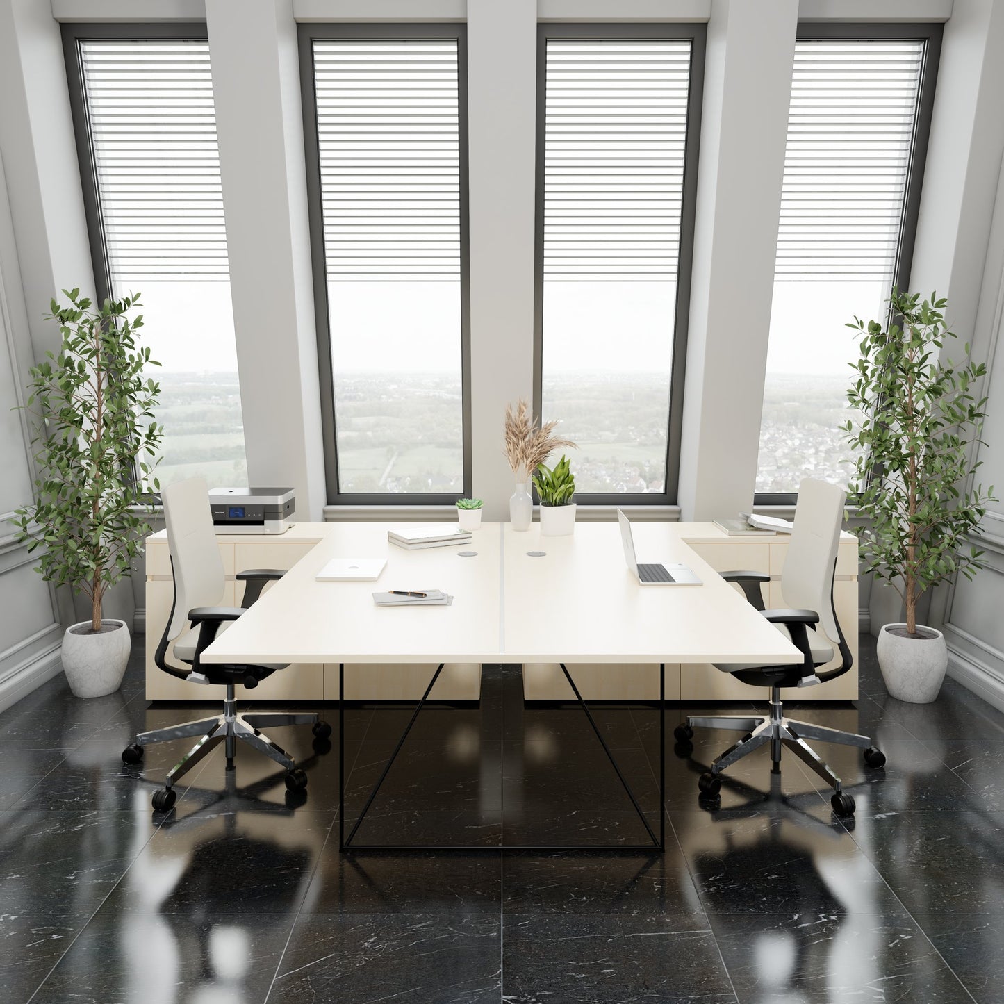 AIR DUO team desk with sideboards | 1600 - 2000 x 3200 mm, electrified, maple