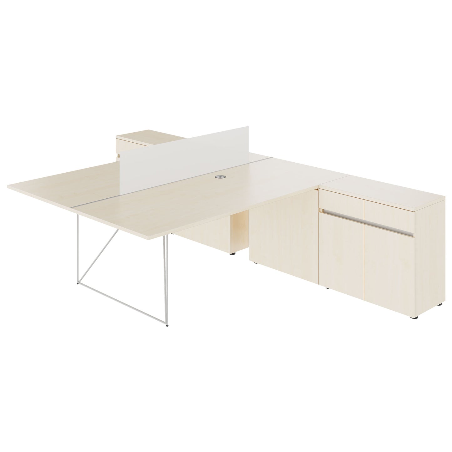 AIR DUO team desk with sideboards | 1600 - 2000 x 3200 mm, electrified, maple