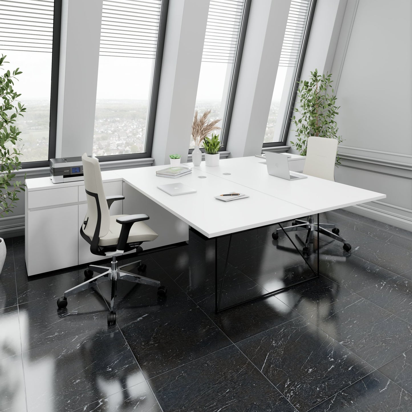 AIR DUO team desk with sideboards | 1600 - 2000 x 3200 mm, electrified, pearl gray
