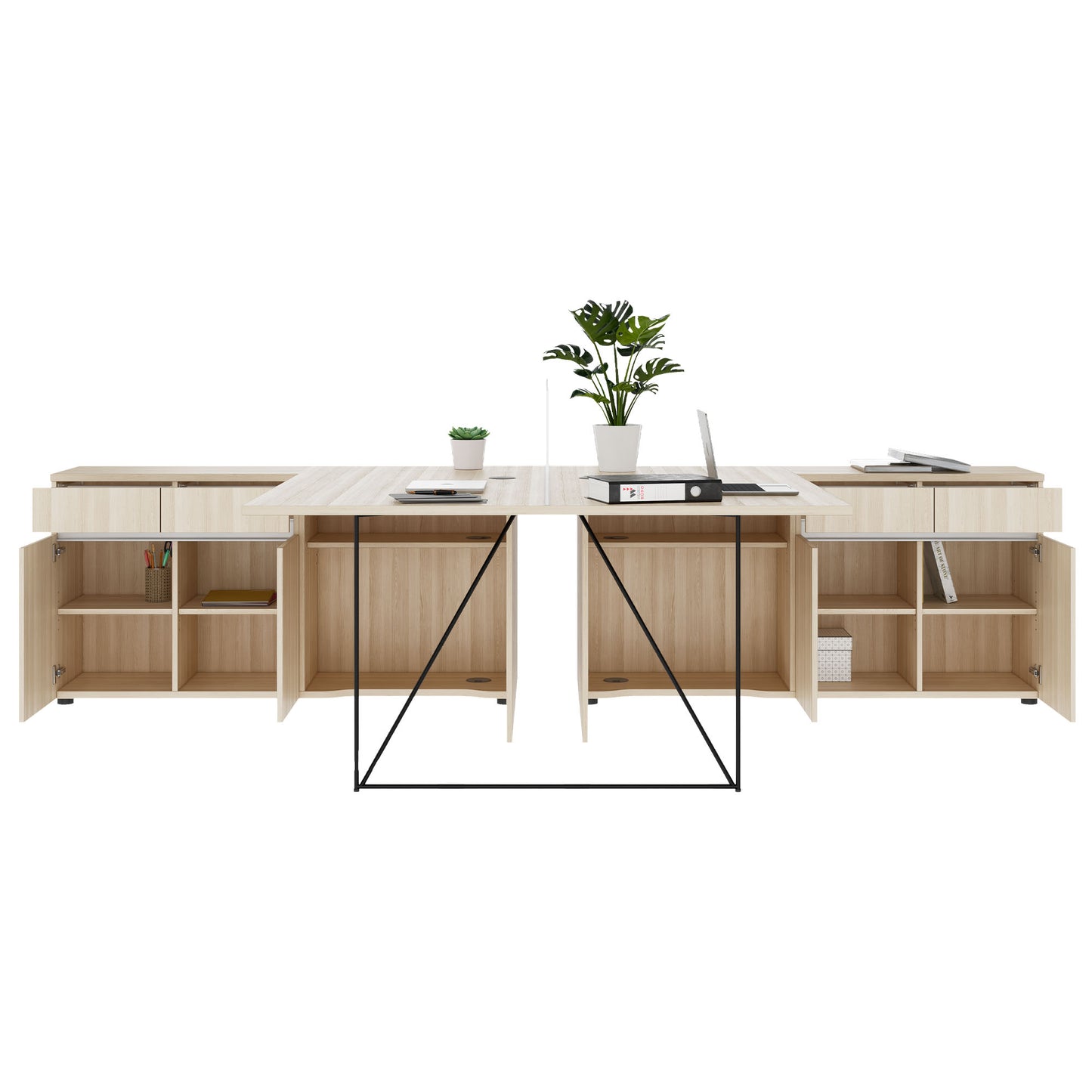 AIR DUO team desk with sideboards | 1600 - 2000 x 3200 mm, electrified, sand ash